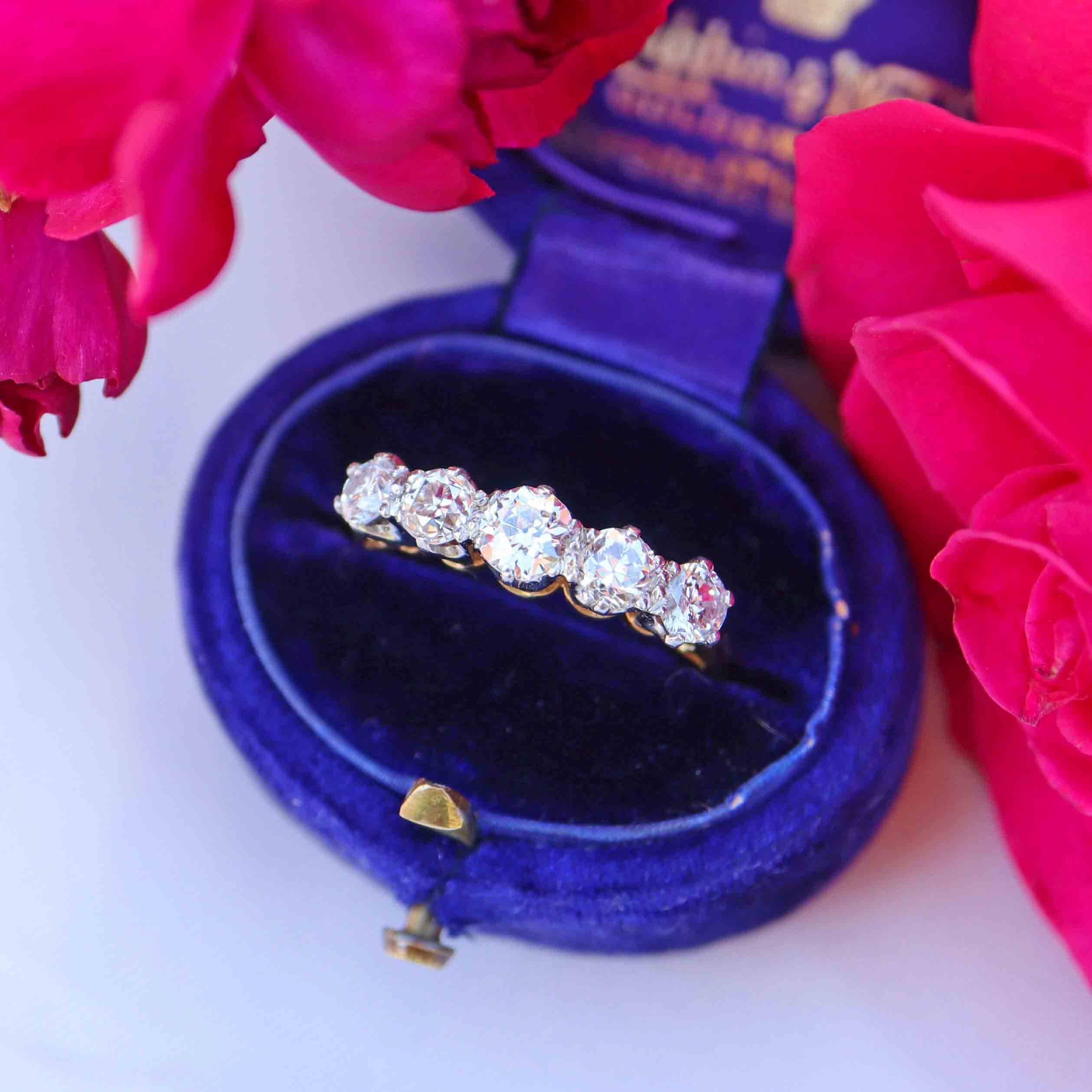 Ellibelle Jewellery Antique Edwardian Diamond 18ct Gold & Platinum Five-Stone Ring