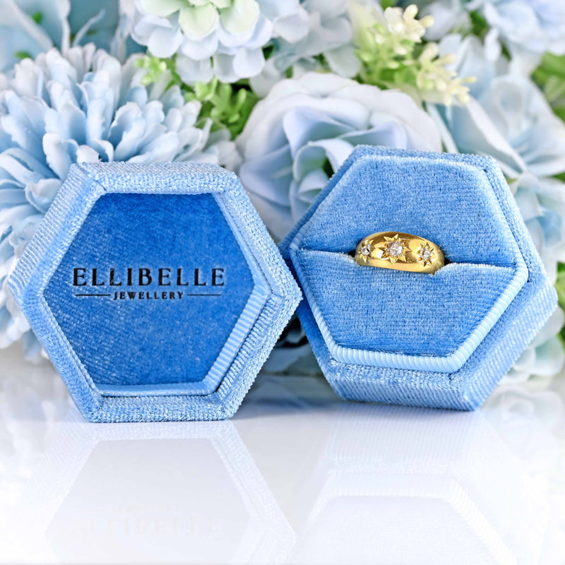 Ellibelle Jewellery Antique Edwardian Diamond 18ct Gold Starburst Three-Stone Gypsy Ring
