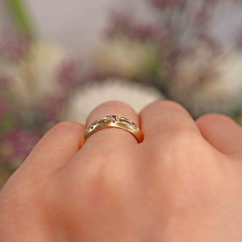 Ellibelle Jewellery Antique Edwardian Diamond 18ct Gold Starburst Three-Stone Gypsy Ring