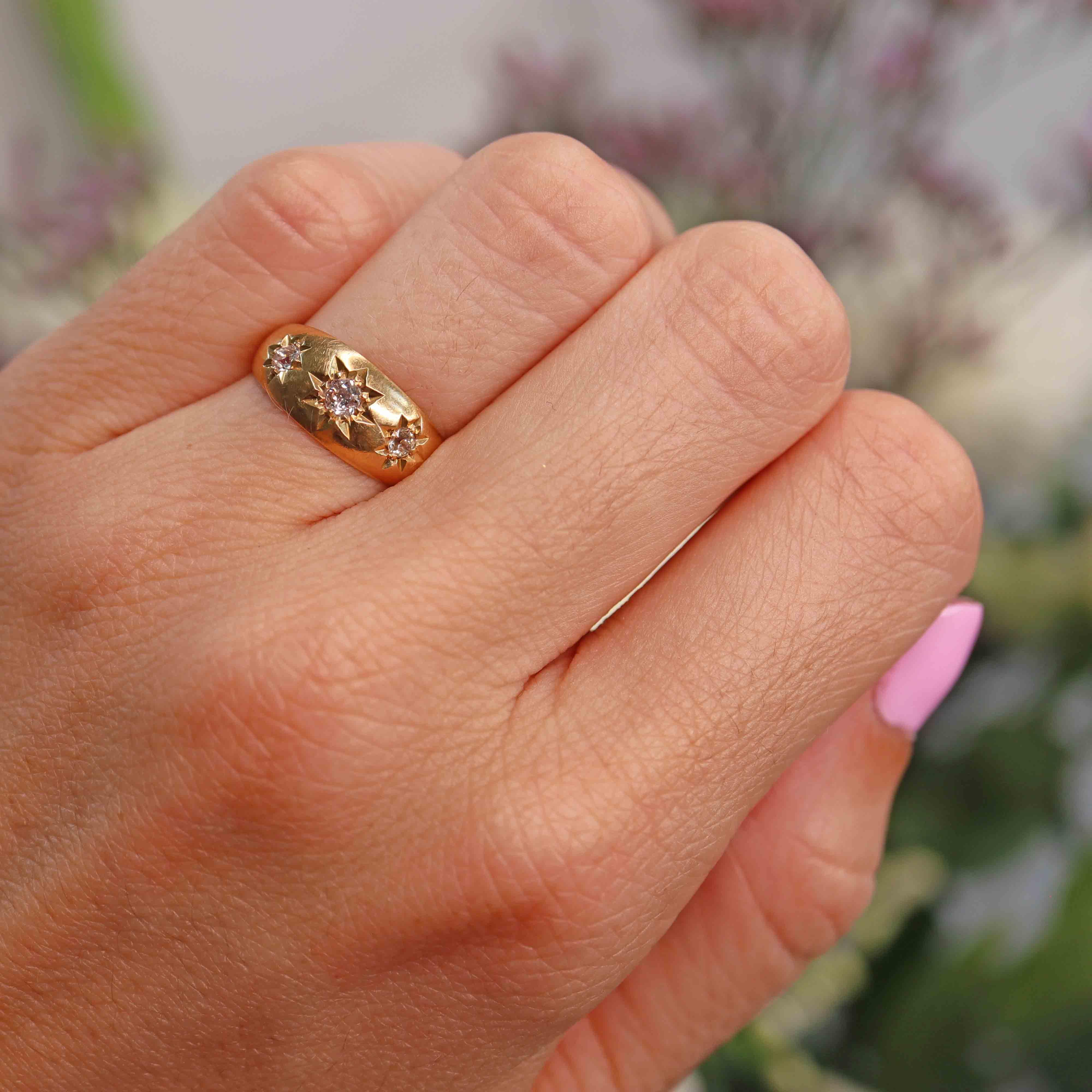 Ellibelle Jewellery Antique Edwardian Diamond 18ct Gold Starburst Three-Stone Gypsy Ring