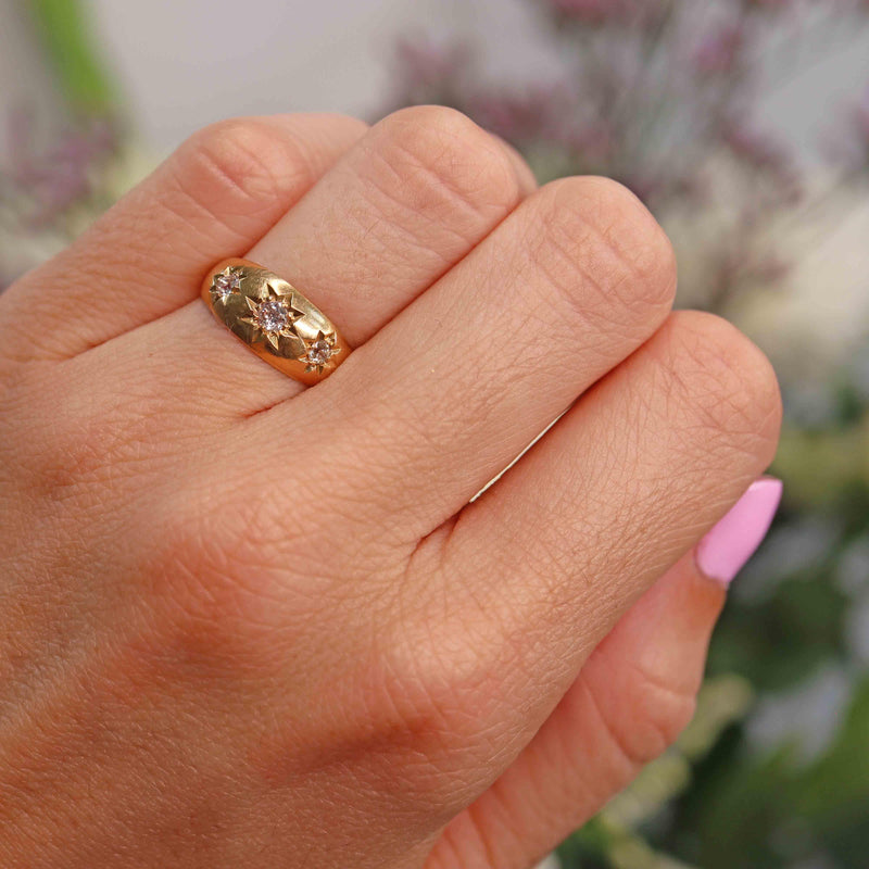 Ellibelle Jewellery Antique Edwardian Diamond 18ct Gold Starburst Three-Stone Gypsy Ring