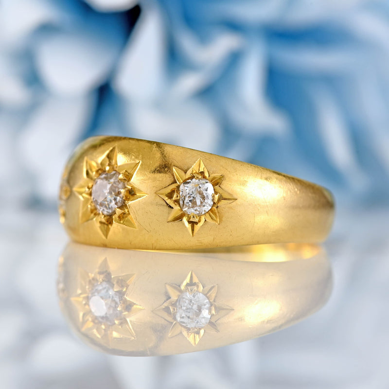 Ellibelle Jewellery Antique Edwardian Diamond 18ct Gold Starburst Three-Stone Gypsy Ring