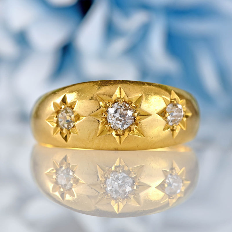 Ellibelle Jewellery Antique Edwardian Diamond 18ct Gold Starburst Three-Stone Gypsy Ring
