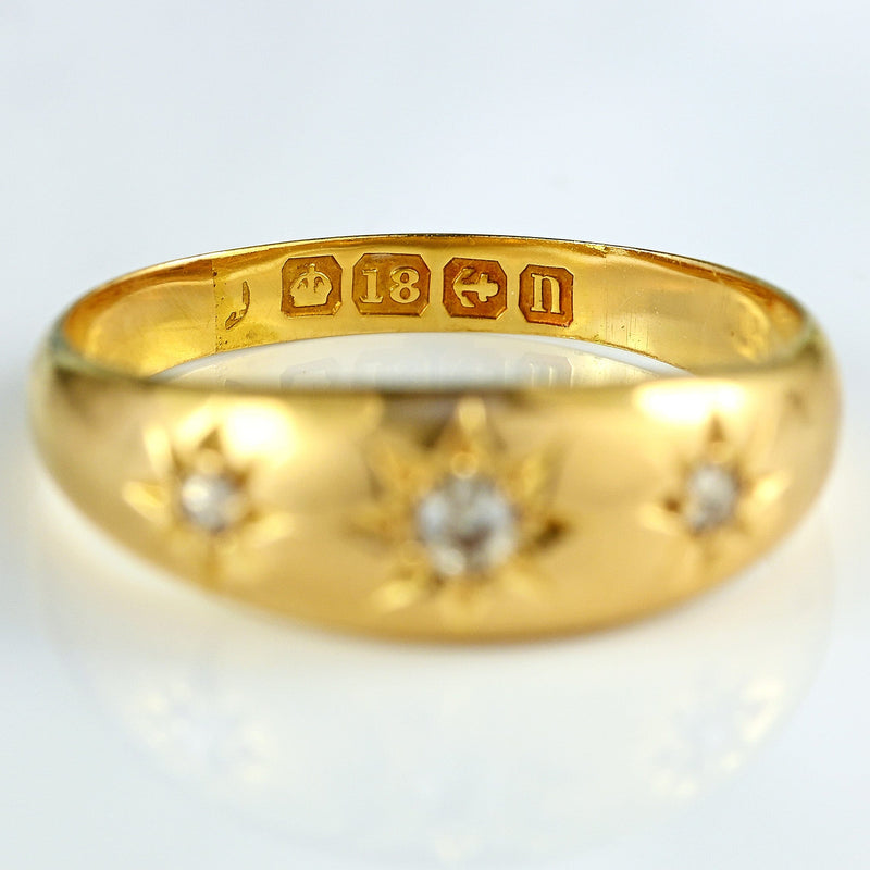 Ellibelle Jewellery Antique Edwardian Diamond 18ct Gold Starburst Three-Stone Gypsy Ring