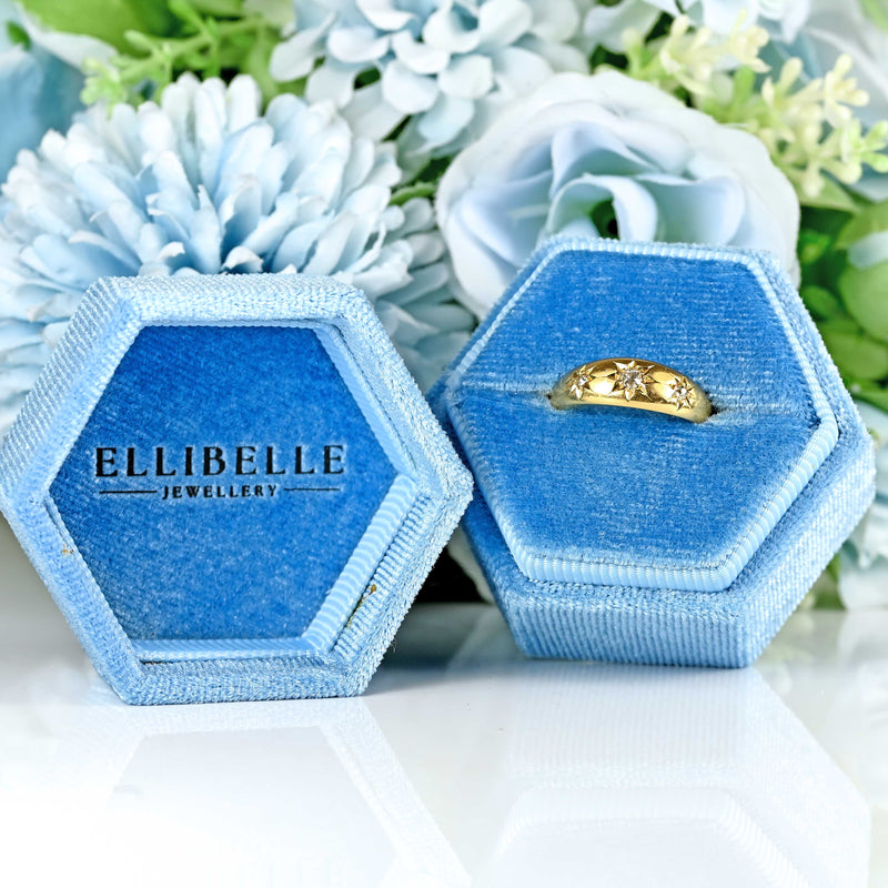 Ellibelle Jewellery Antique Edwardian Diamond 18ct Gold Starburst Three-Stone Gypsy Ring