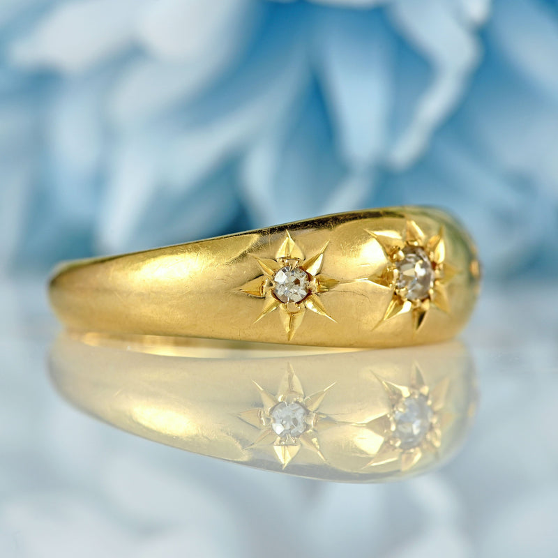 Ellibelle Jewellery Antique Edwardian Diamond 18ct Gold Starburst Three-Stone Gypsy Ring