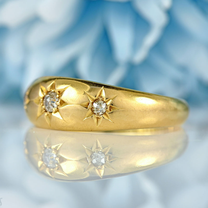 Ellibelle Jewellery Antique Edwardian Diamond 18ct Gold Starburst Three-Stone Gypsy Ring