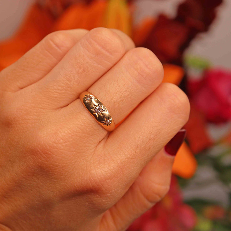 Ellibelle Jewellery Antique Edwardian Diamond 18ct Gold Starburst Three-Stone Gypsy Ring
