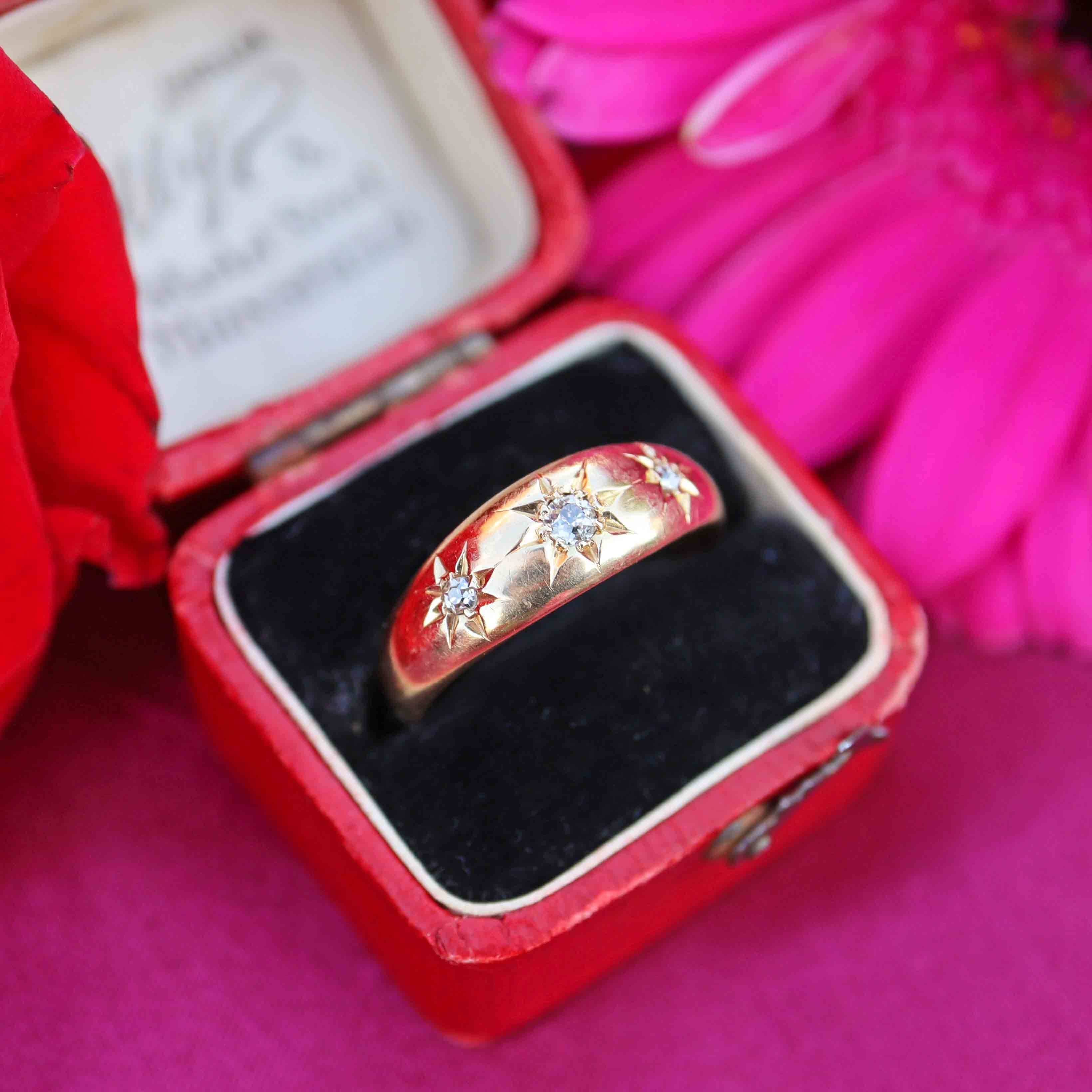 Ellibelle Jewellery Antique Edwardian Diamond 18ct Gold Starburst Three-Stone Gypsy Ring