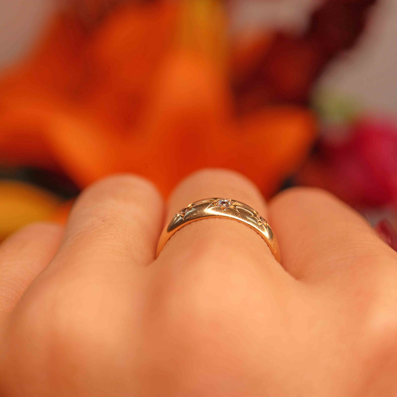 Ellibelle Jewellery Antique Edwardian Diamond 18ct Gold Starburst Three-Stone Gypsy Ring