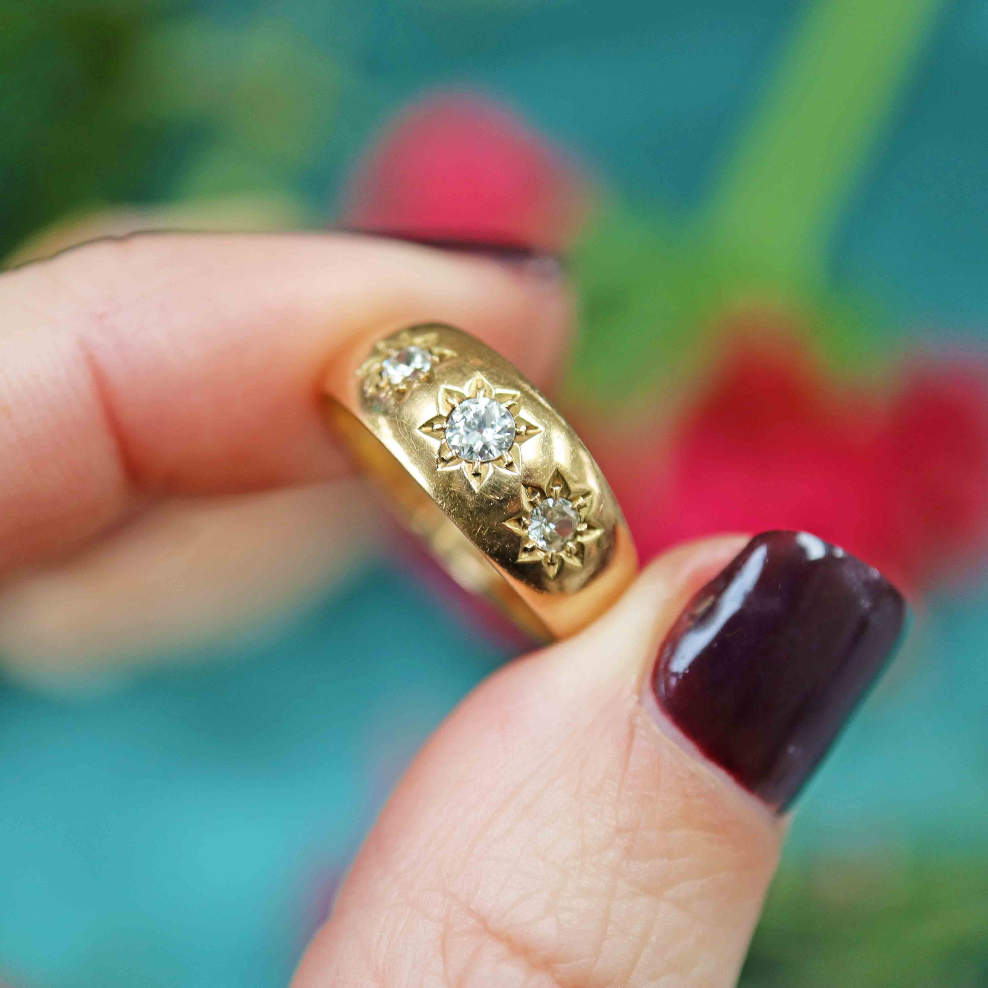 Ellibelle Jewellery Antique Edwardian Diamond 18ct Gold Starburst Three-Stone Gypsy Ring
