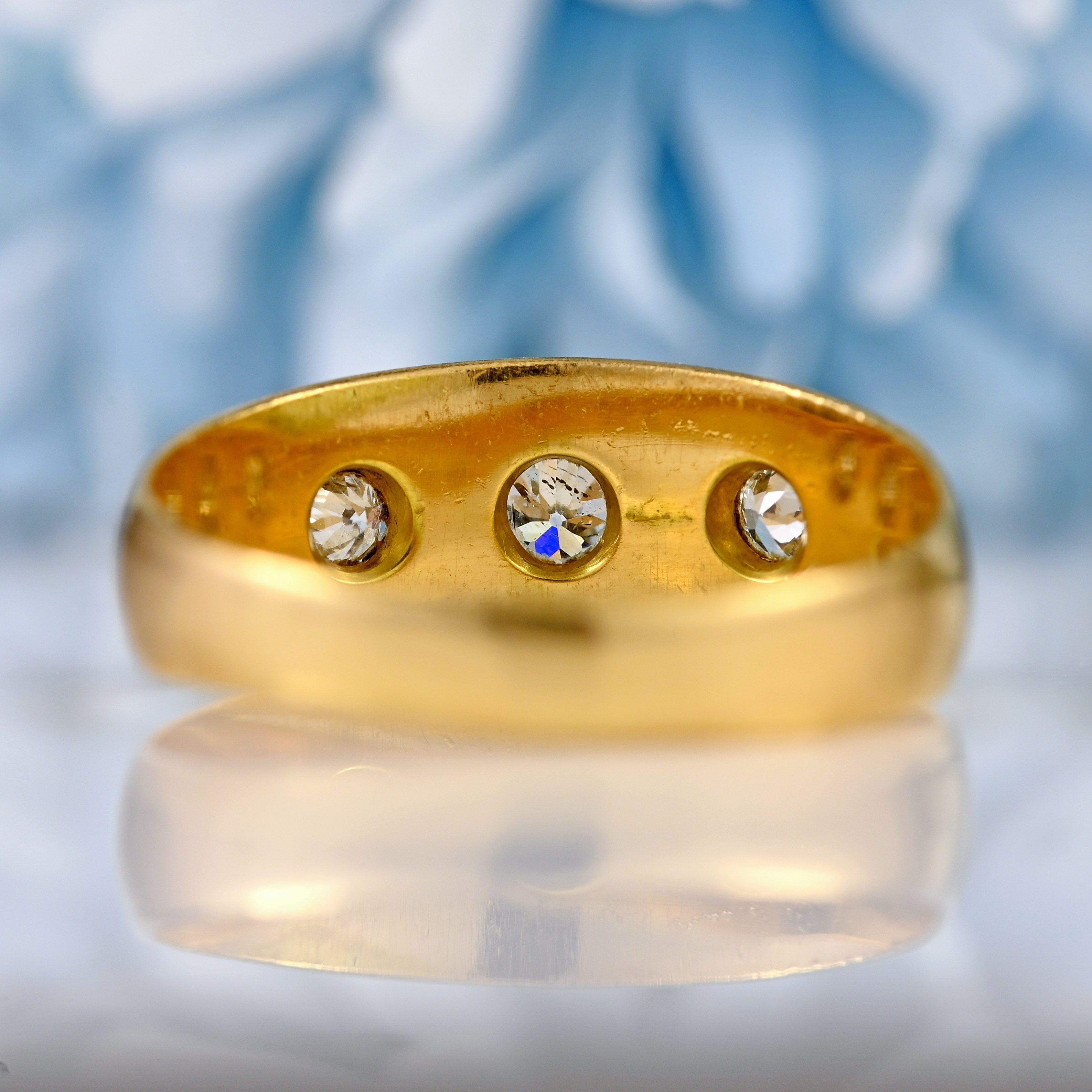 Ellibelle Jewellery Antique Edwardian Diamond 18ct Gold Starburst Three-Stone Gypsy Ring