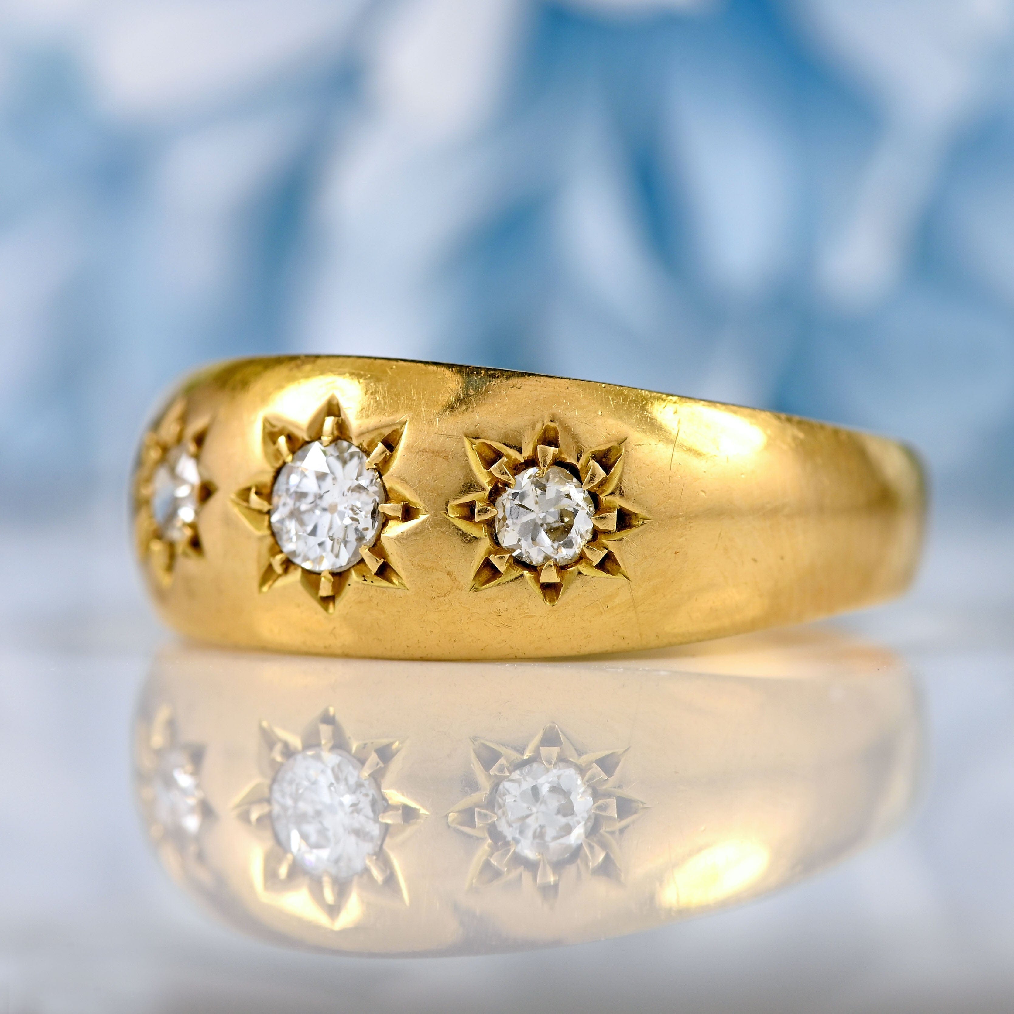 Ellibelle Jewellery Antique Edwardian Diamond 18ct Gold Starburst Three-Stone Gypsy Ring