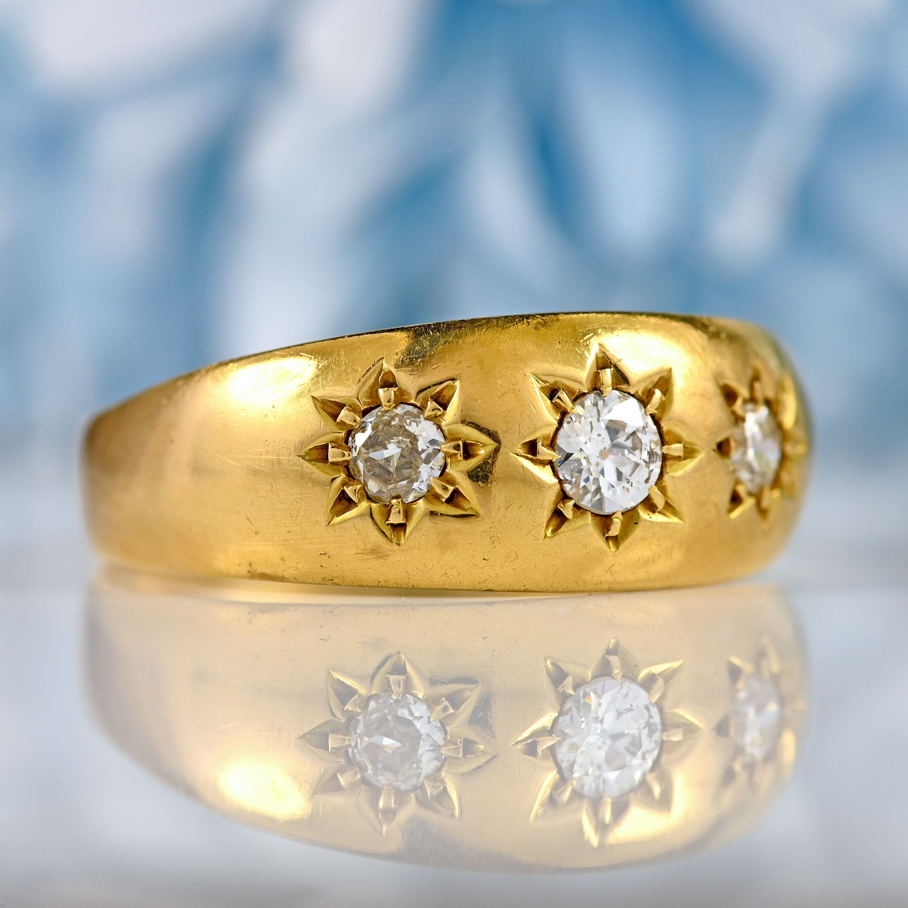 Ellibelle Jewellery Antique Edwardian Diamond 18ct Gold Starburst Three-Stone Gypsy Ring