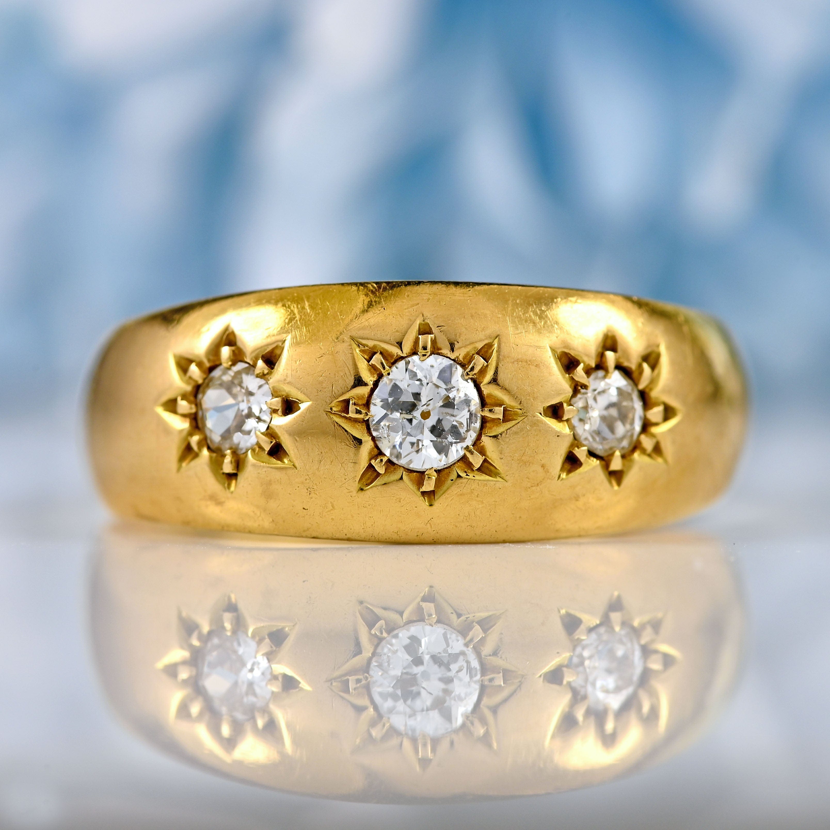 Ellibelle Jewellery Antique Edwardian Diamond 18ct Gold Starburst Three-Stone Gypsy Ring