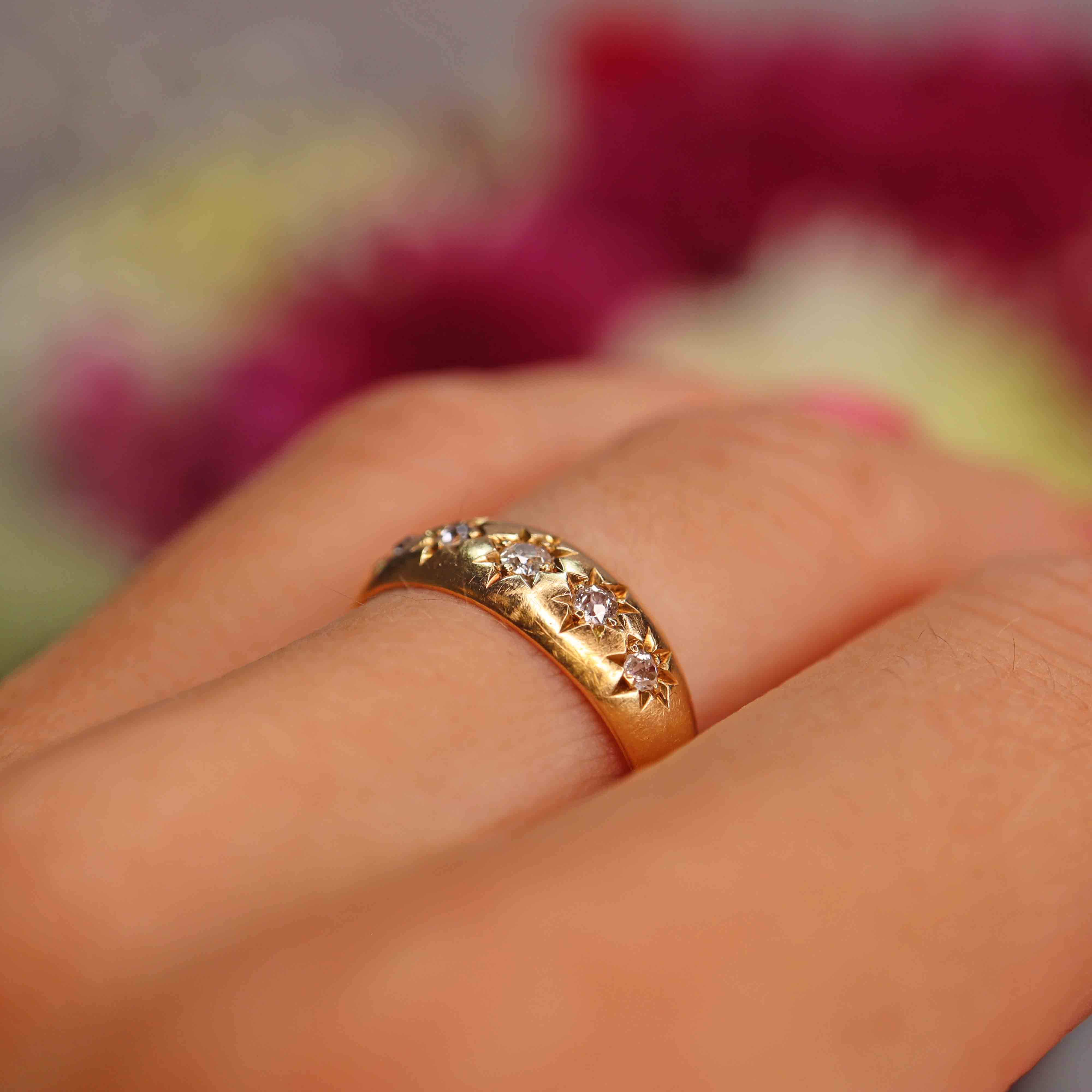 Ellibelle Jewellery Antique Edwardian Five-Stone Diamond 18ct Gold Starburst Gypsy Ring