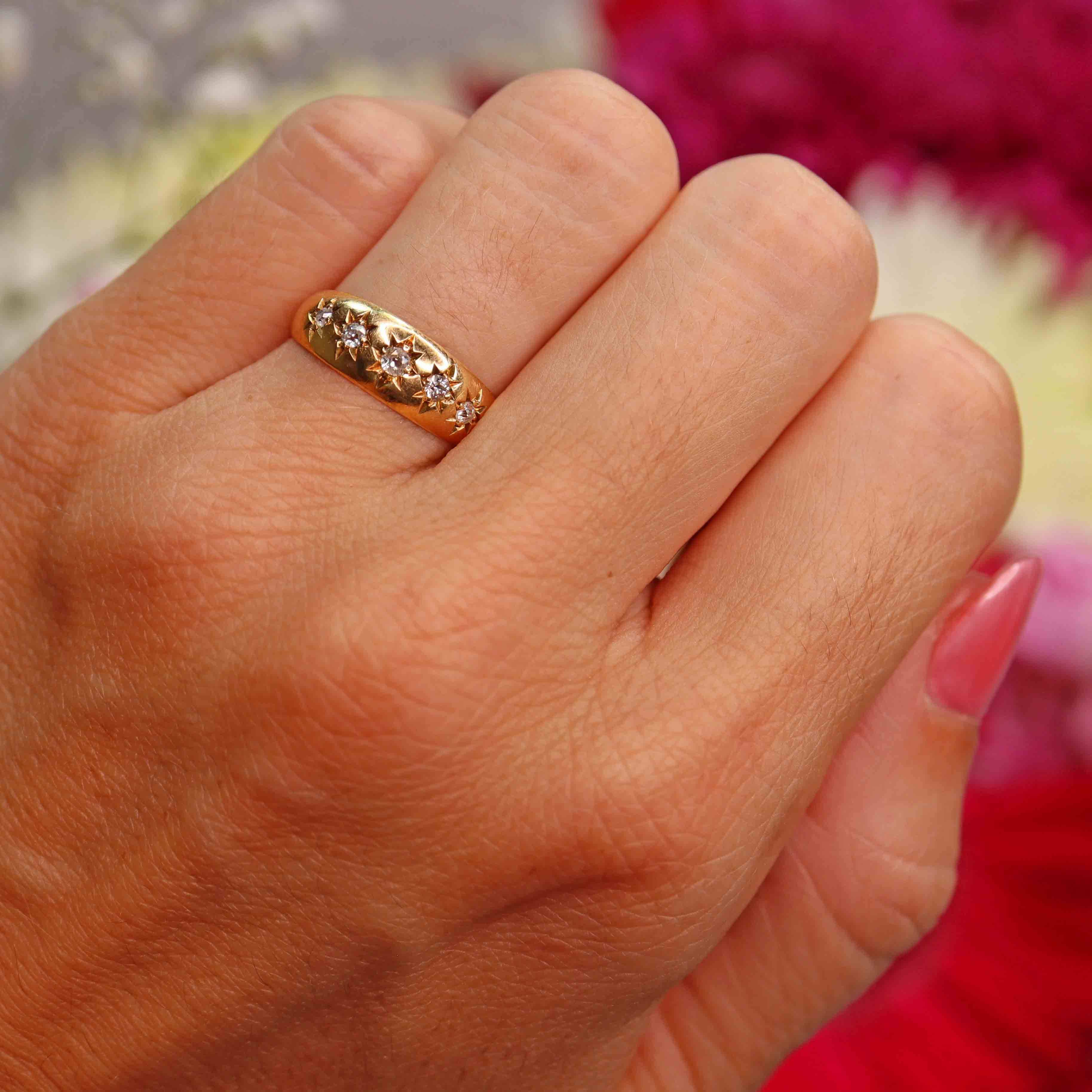 Ellibelle Jewellery Antique Edwardian Five-Stone Diamond 18ct Gold Starburst Gypsy Ring