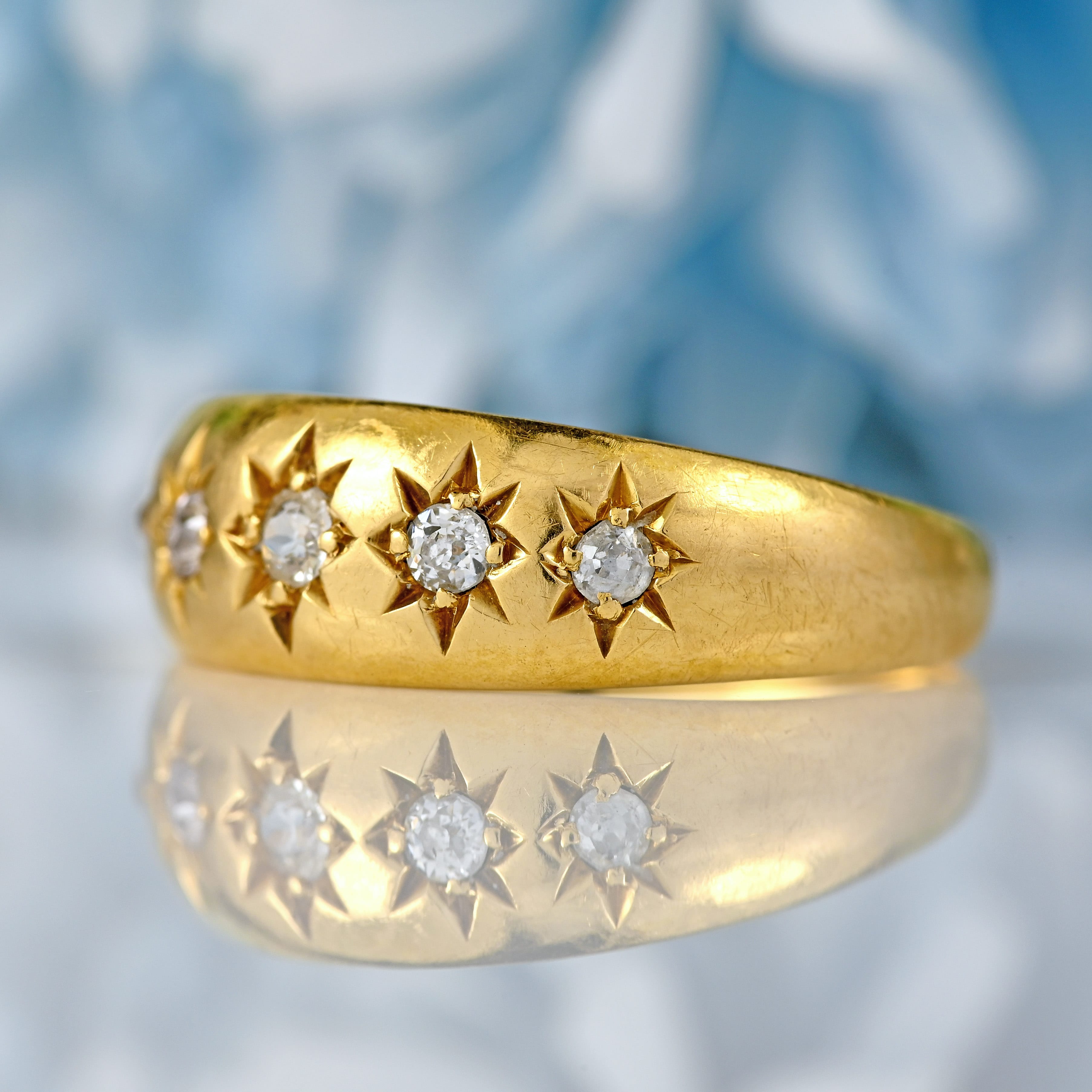 Ellibelle Jewellery Antique Edwardian Five-Stone Diamond 18ct Gold Starburst Gypsy Ring