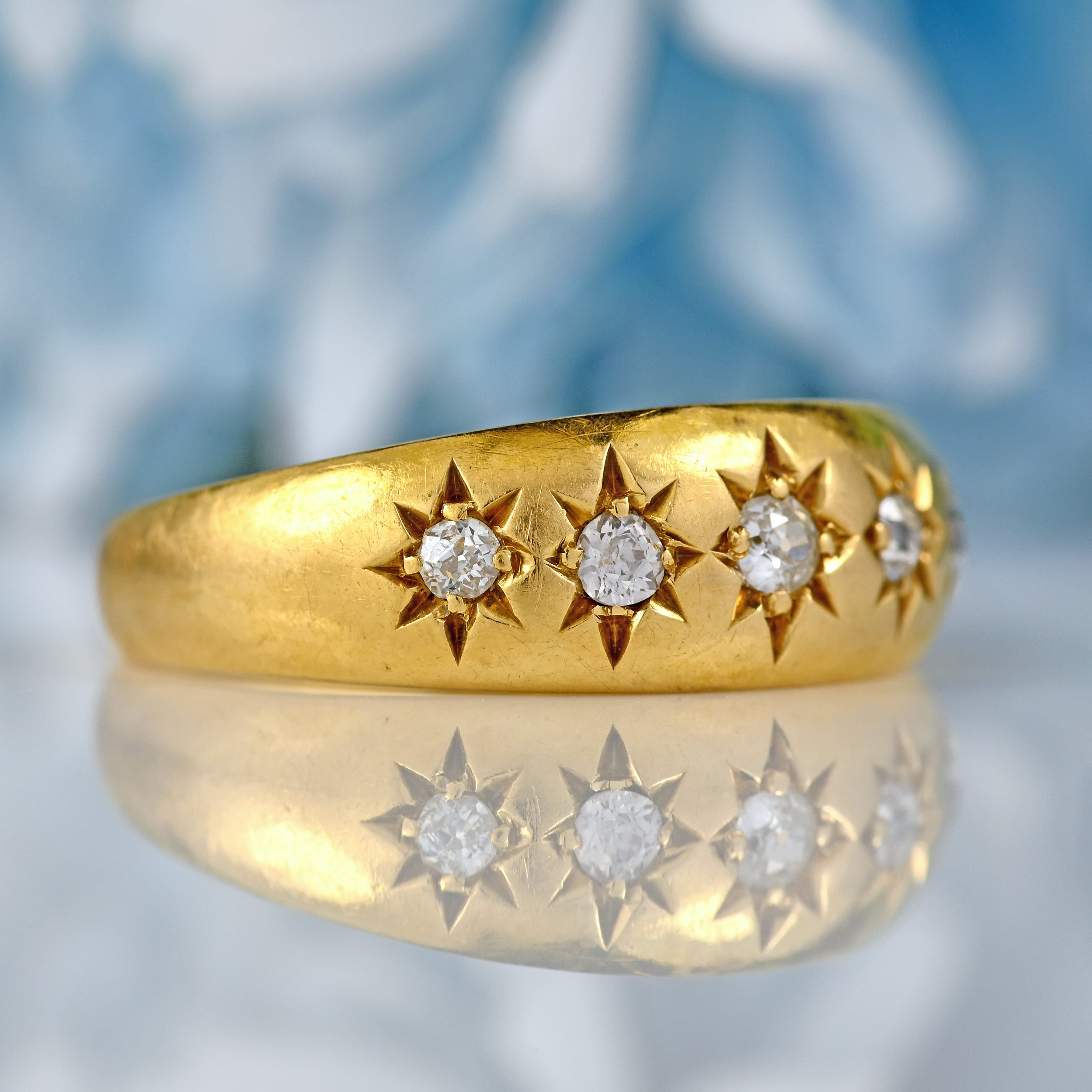 Ellibelle Jewellery Antique Edwardian Five-Stone Diamond 18ct Gold Starburst Gypsy Ring