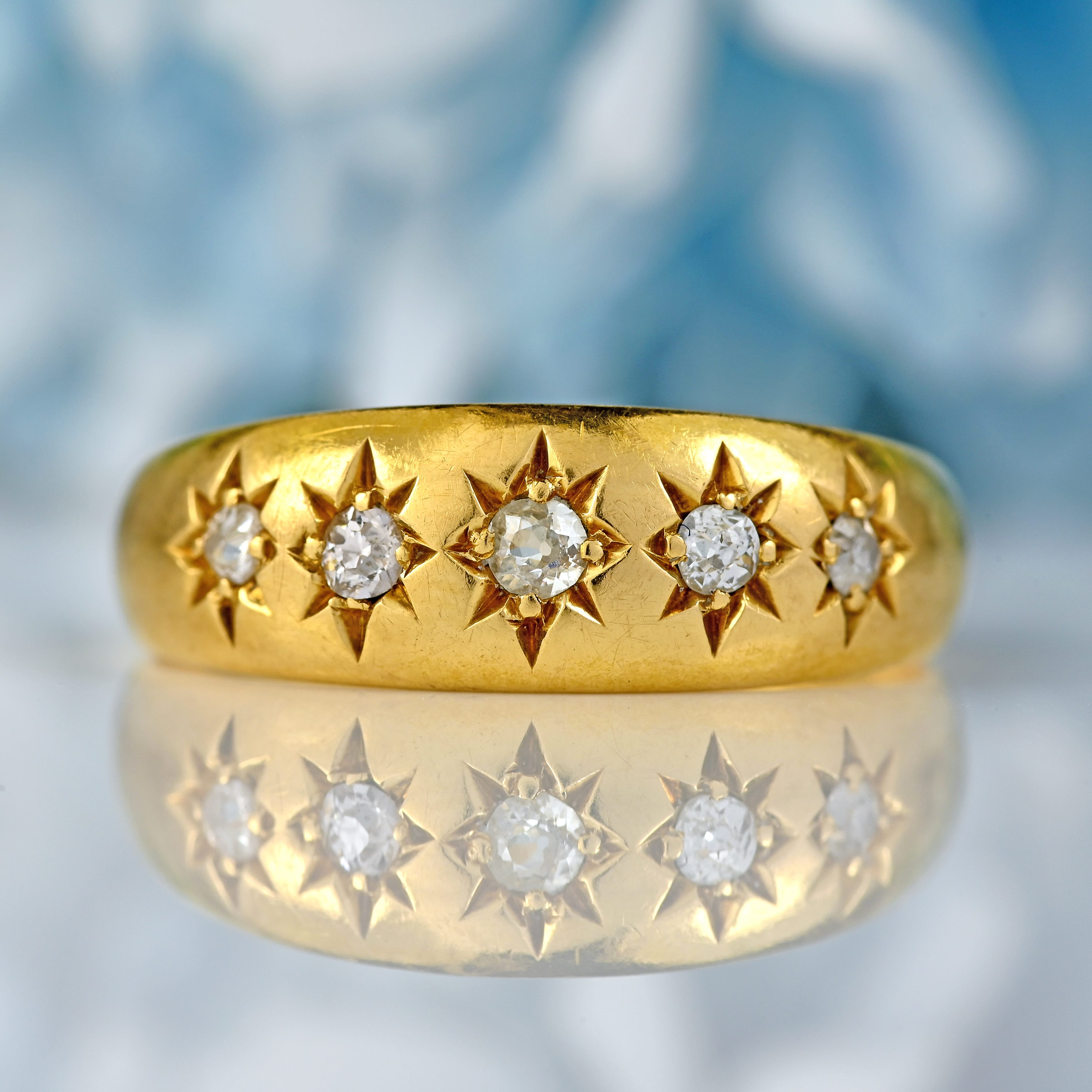 Ellibelle Jewellery Antique Edwardian Five-Stone Diamond 18ct Gold Starburst Gypsy Ring