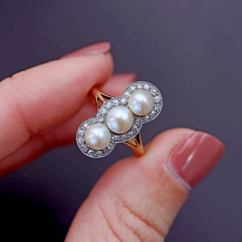 Ellibelle Jewellery Antique Edwardian Natural Pearl & Diamond 18ct Gold Ring