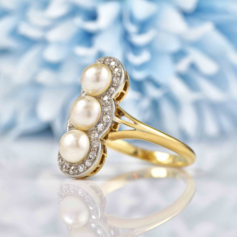 Ellibelle Jewellery Antique Edwardian Natural Pearl & Diamond 18ct Gold Ring