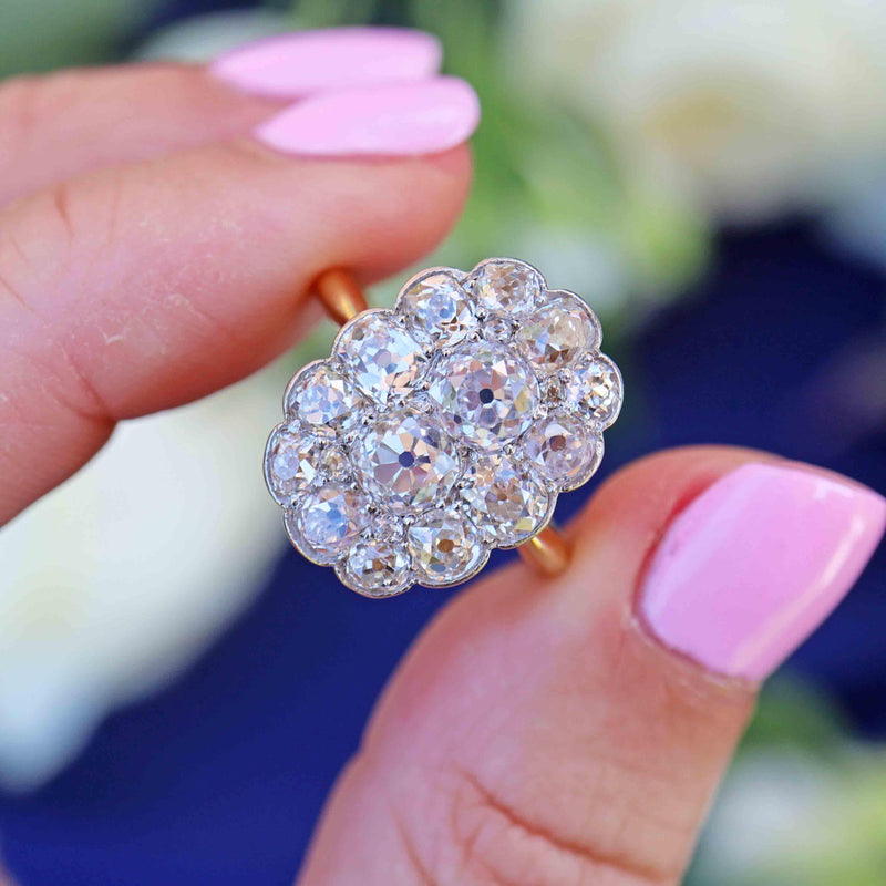 Ellibelle Jewellery Antique Edwardian Old-Cut Diamond 18ct Gold & Platinum Cluster Ring