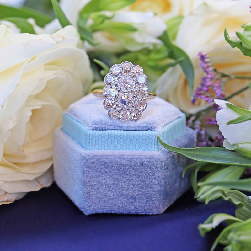 Ellibelle Jewellery Antique Edwardian Old-Cut Diamond 18ct Gold & Platinum Cluster Ring