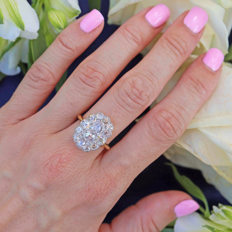 Ellibelle Jewellery Antique Edwardian Old-Cut Diamond 18ct Gold & Platinum Cluster Ring