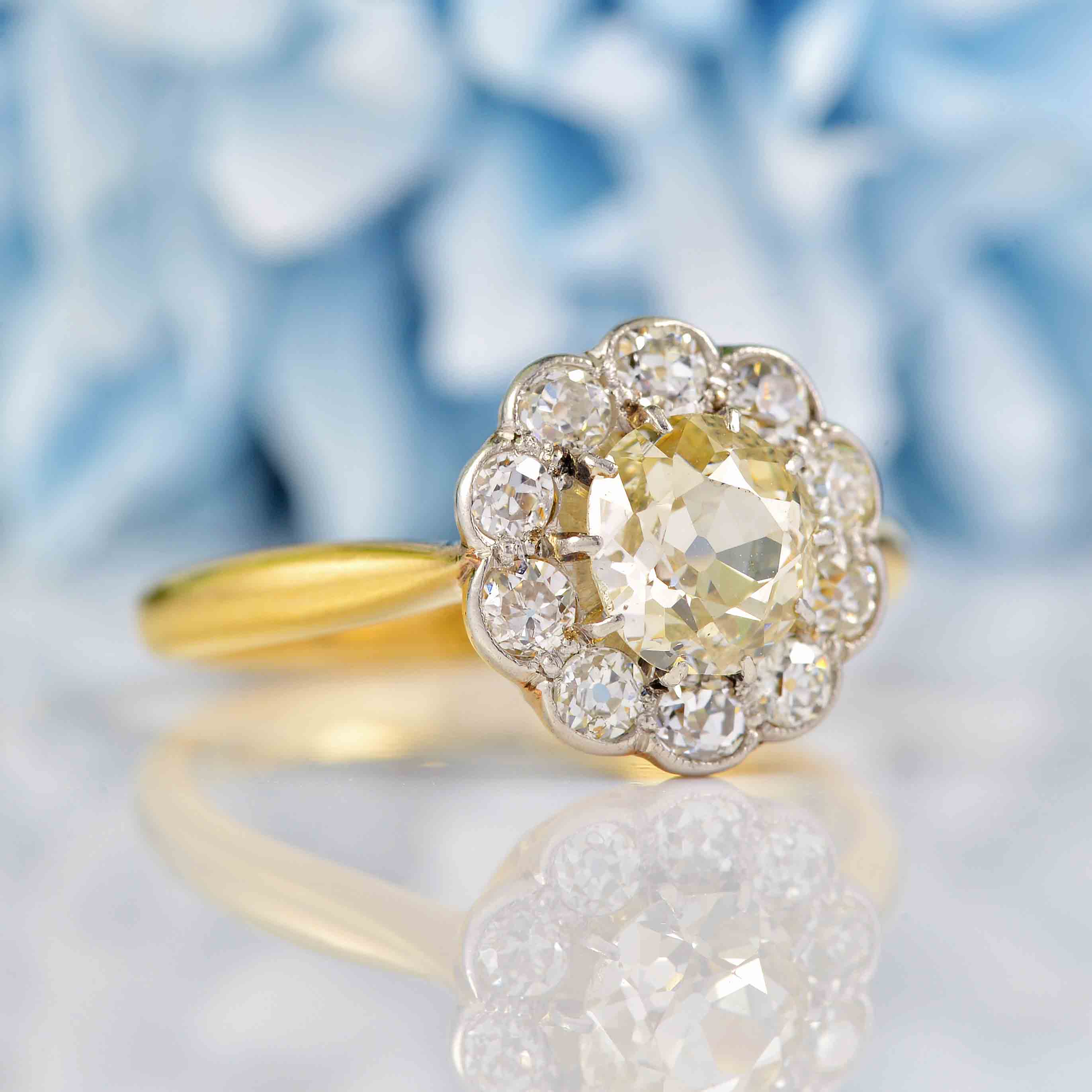 Ellibelle Jewellery Antique Edwardian Old-Cut Diamond Daisy Cluster Engagement Ring