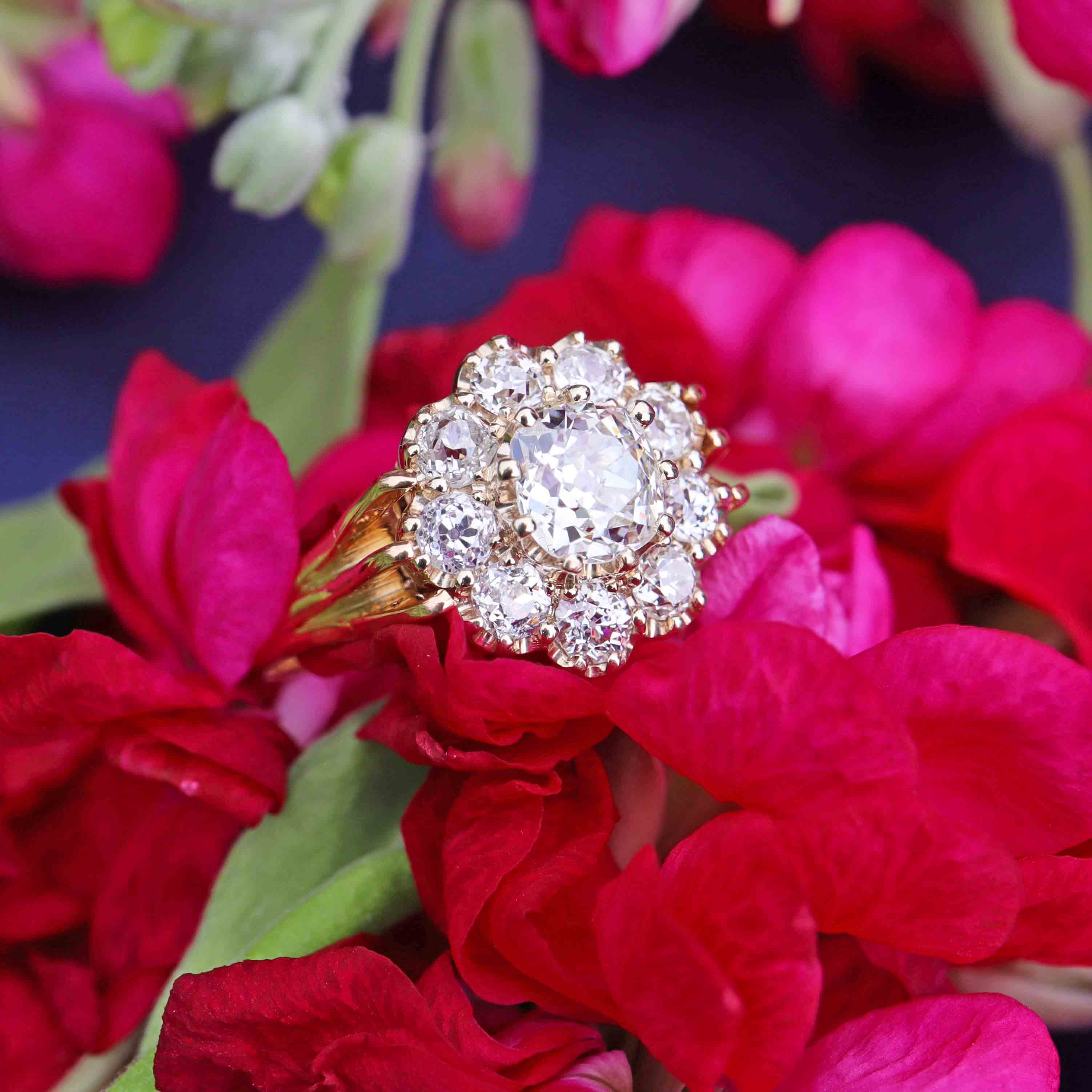Ellibelle Jewellery Antique Edwardian Old-Mine-Cut Diamond 18ct Gold Cluster Ring (2.25cts)