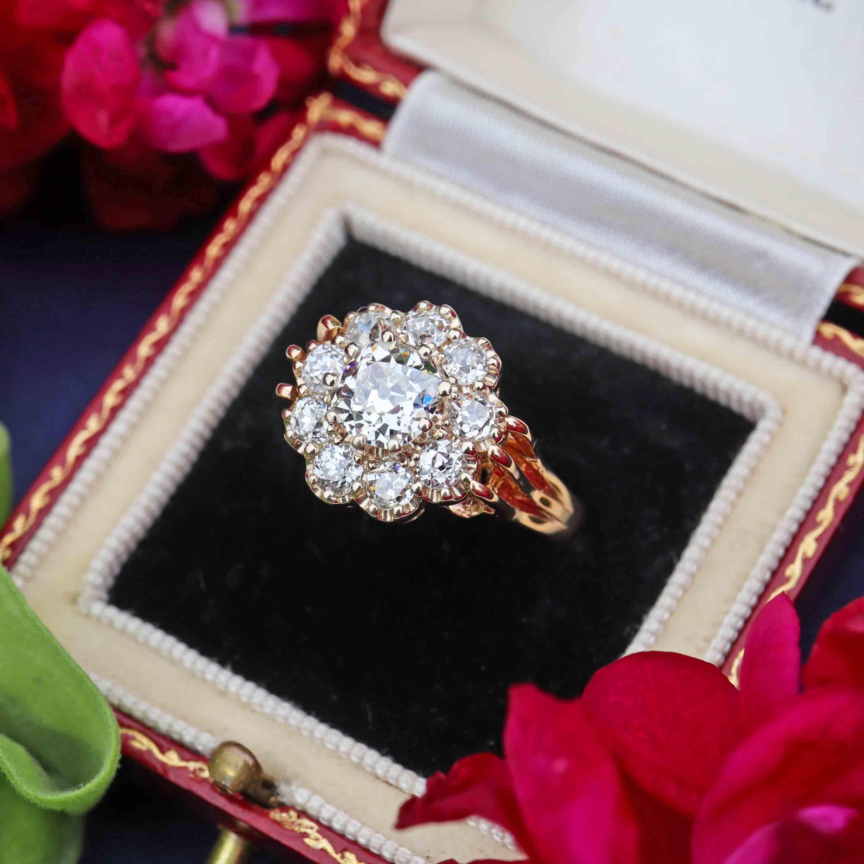 Ellibelle Jewellery Antique Edwardian Old-Mine-Cut Diamond 18ct Gold Cluster Ring (2.25cts)