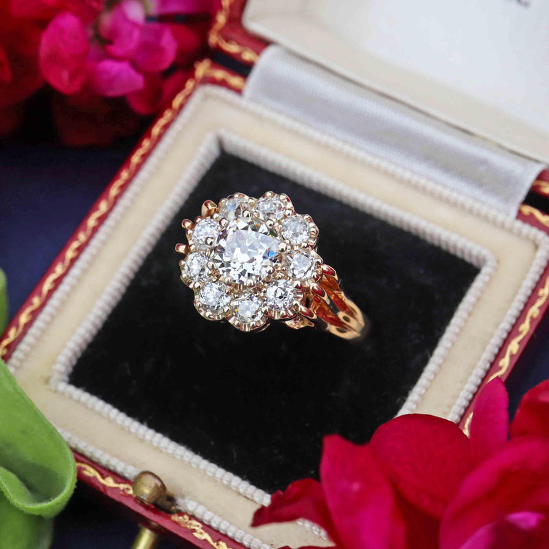 Ellibelle Jewellery Antique Edwardian Old-Mine-Cut Diamond 18ct Gold Cluster Ring (2.25cts)