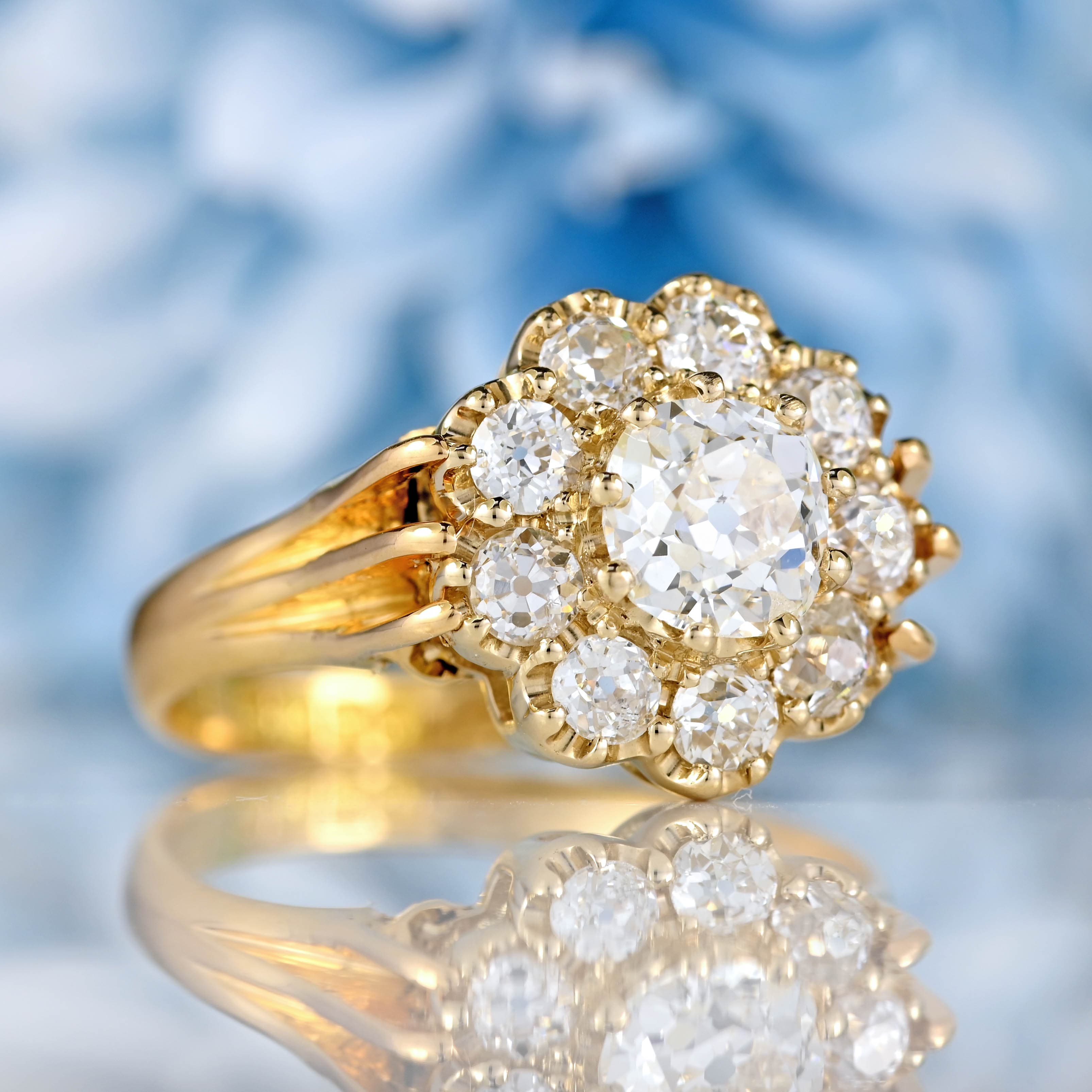 Ellibelle Jewellery Antique Edwardian Old-Mine-Cut Diamond 18ct Gold Cluster Ring (2.25cts)