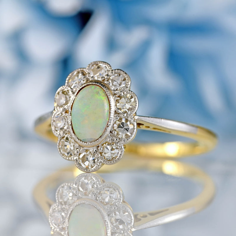 Ellibelle Jewellery Antique Edwardian Opal & Diamond 18ct Gold Platinum Cluster Ring