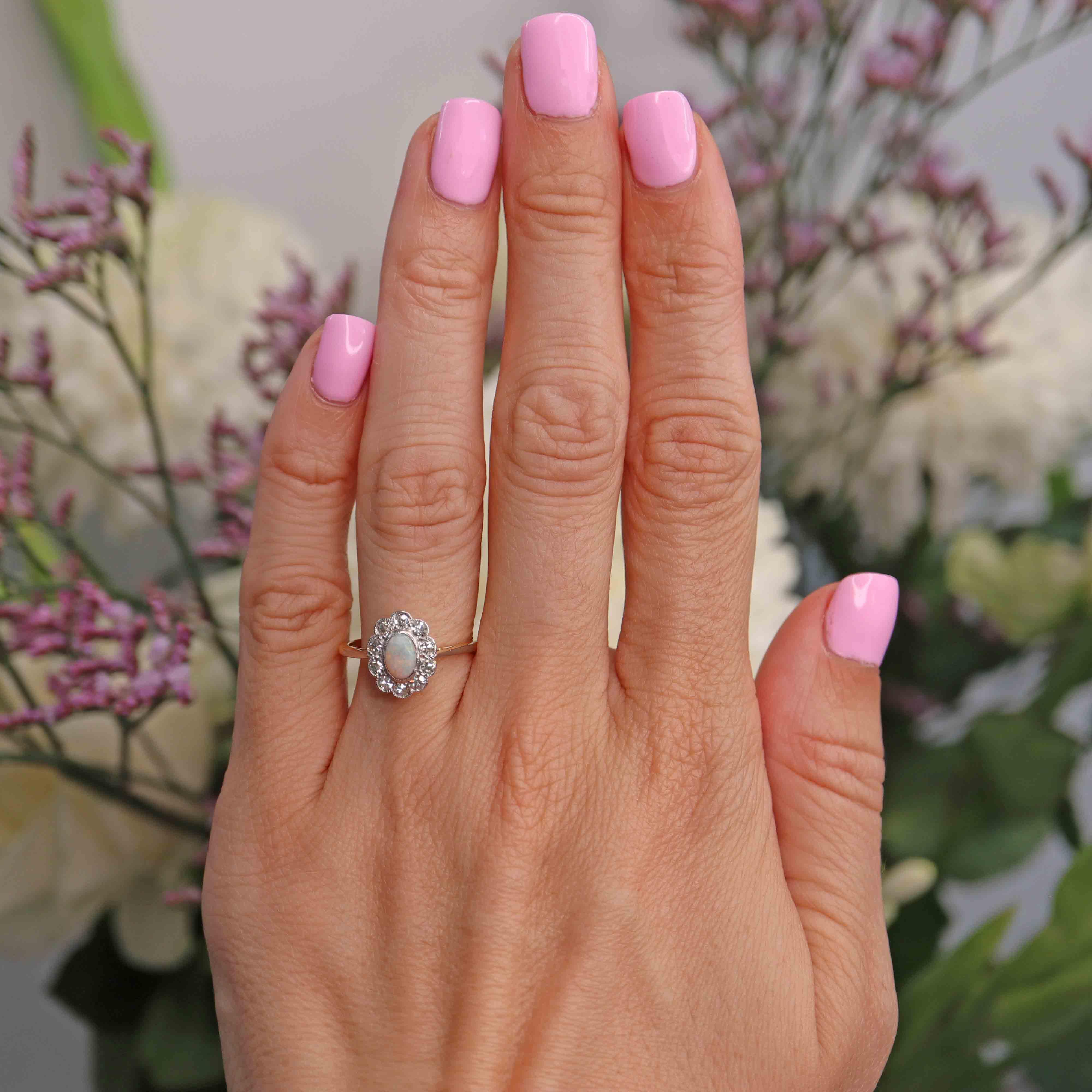 Ellibelle Jewellery Antique Edwardian Opal & Diamond 18ct Gold Platinum Cluster Ring