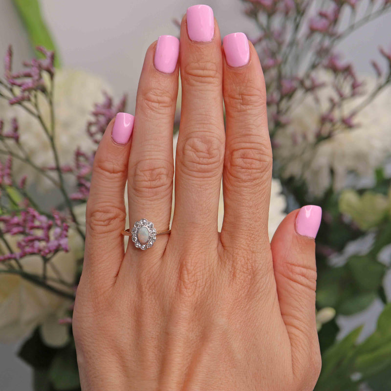 Ellibelle Jewellery Antique Edwardian Opal & Diamond 18ct Gold Platinum Cluster Ring