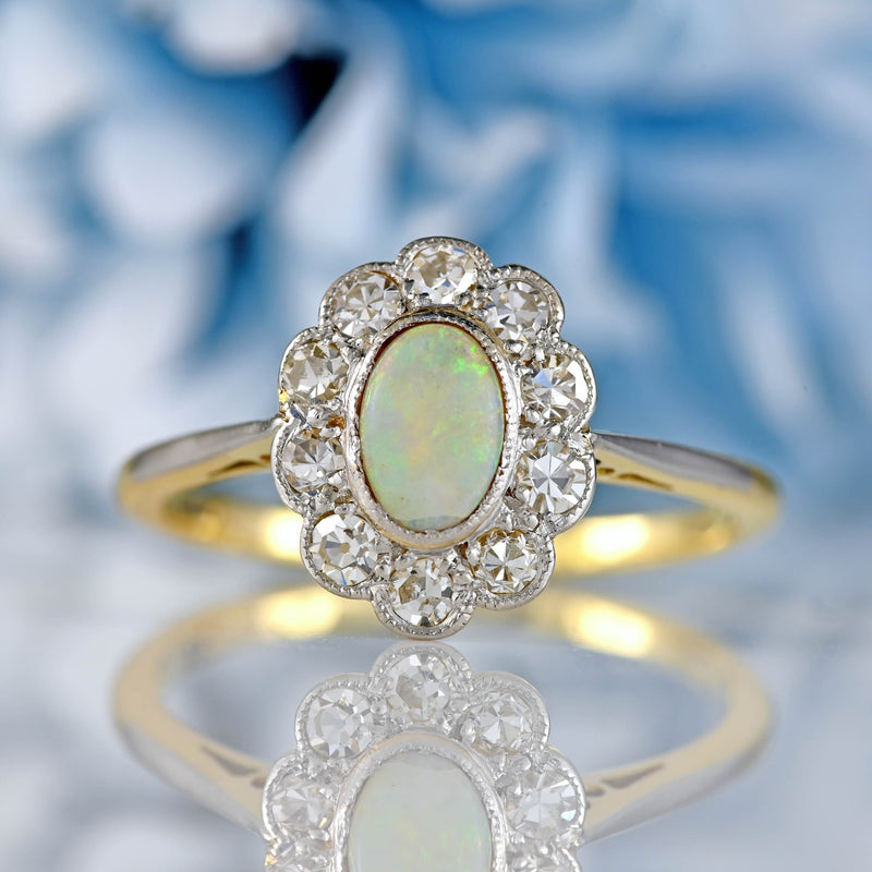 Ellibelle Jewellery Antique Edwardian Opal & Diamond 18ct Gold Platinum Cluster Ring