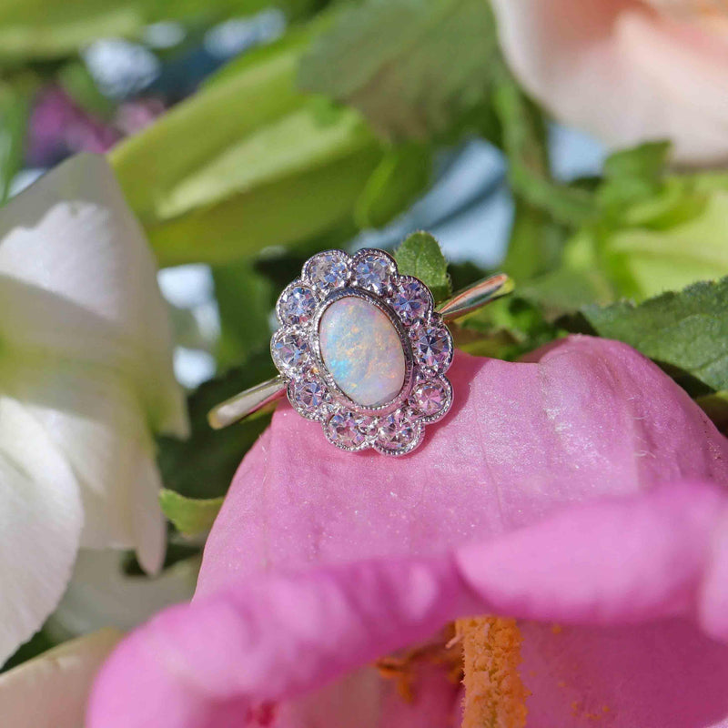 Ellibelle Jewellery Antique Edwardian Opal & Diamond 18ct Gold Platinum Cluster Ring