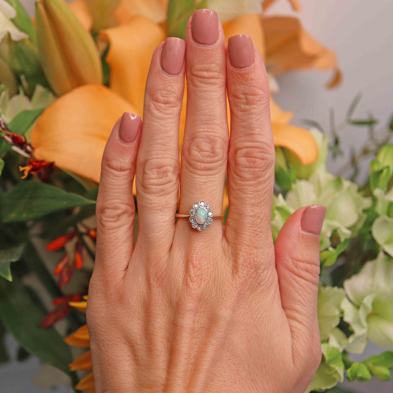 Ellibelle Jewellery Antique Edwardian Opal & Diamond 18ct Gold Platinum Cluster Ring