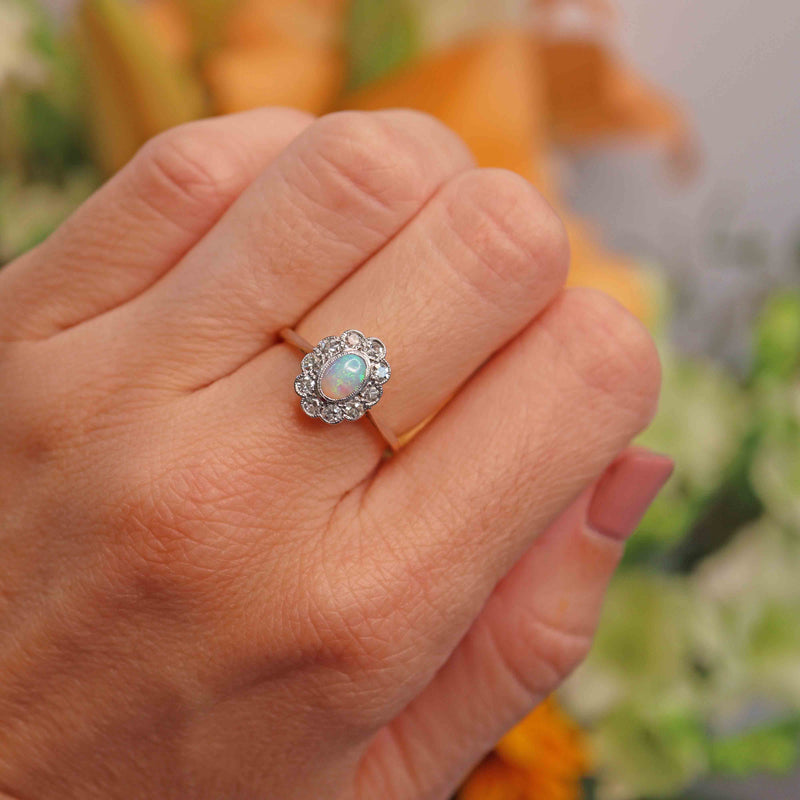 Ellibelle Jewellery Antique Edwardian Opal & Diamond 18ct Gold Platinum Cluster Ring