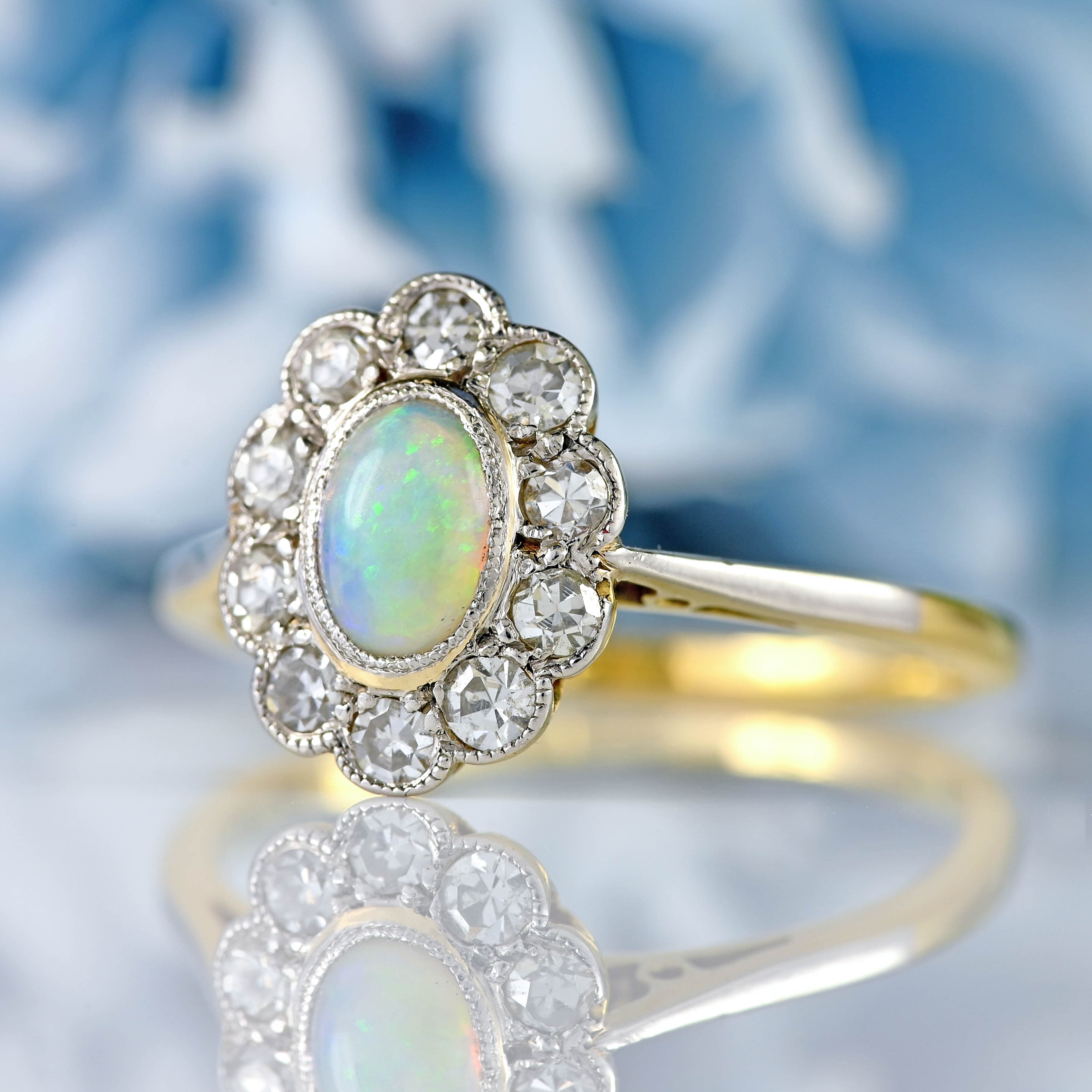 Ellibelle Jewellery Antique Edwardian Opal & Diamond 18ct Gold Platinum Cluster Ring
