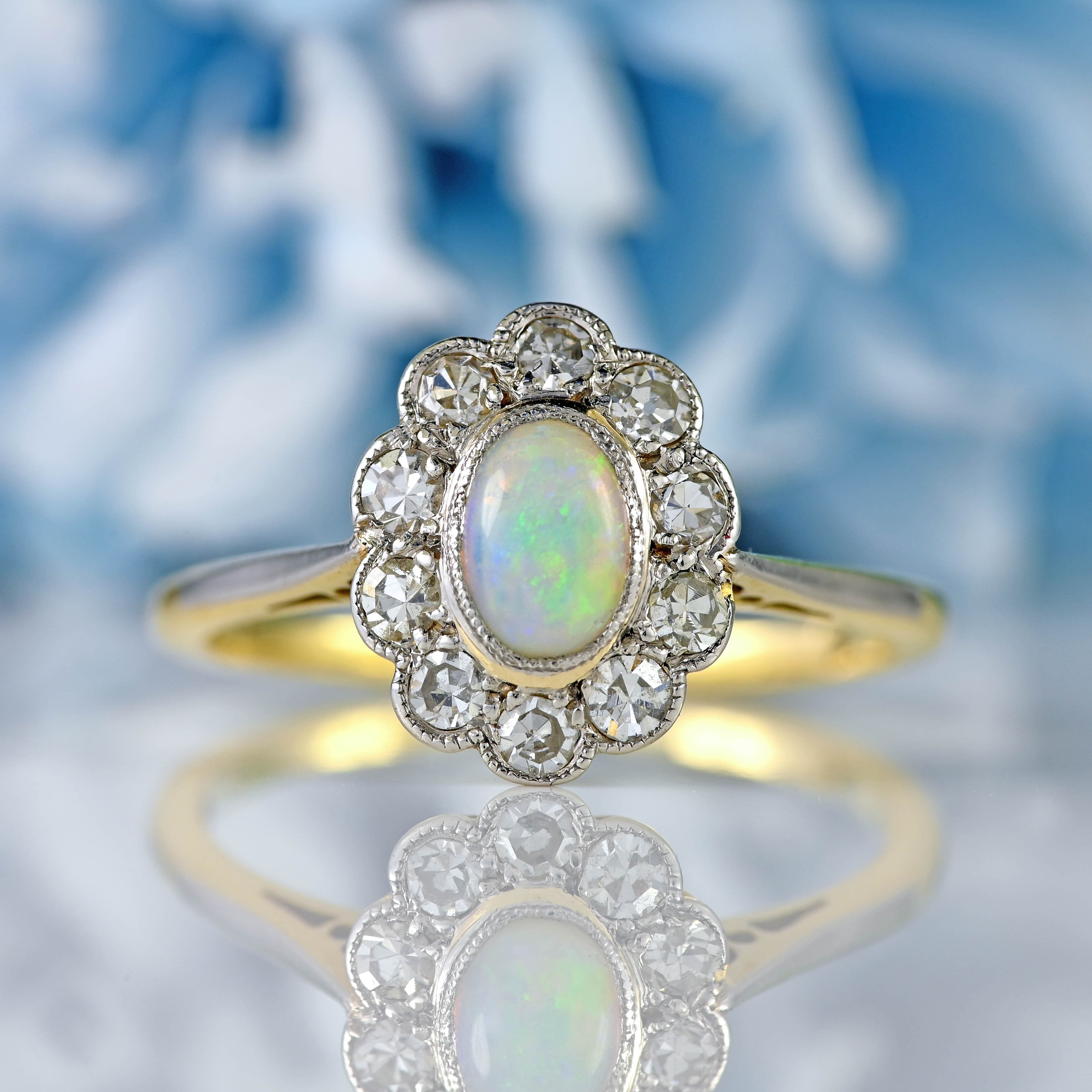 Ellibelle Jewellery Antique Edwardian Opal & Diamond 18ct Gold Platinum Cluster Ring