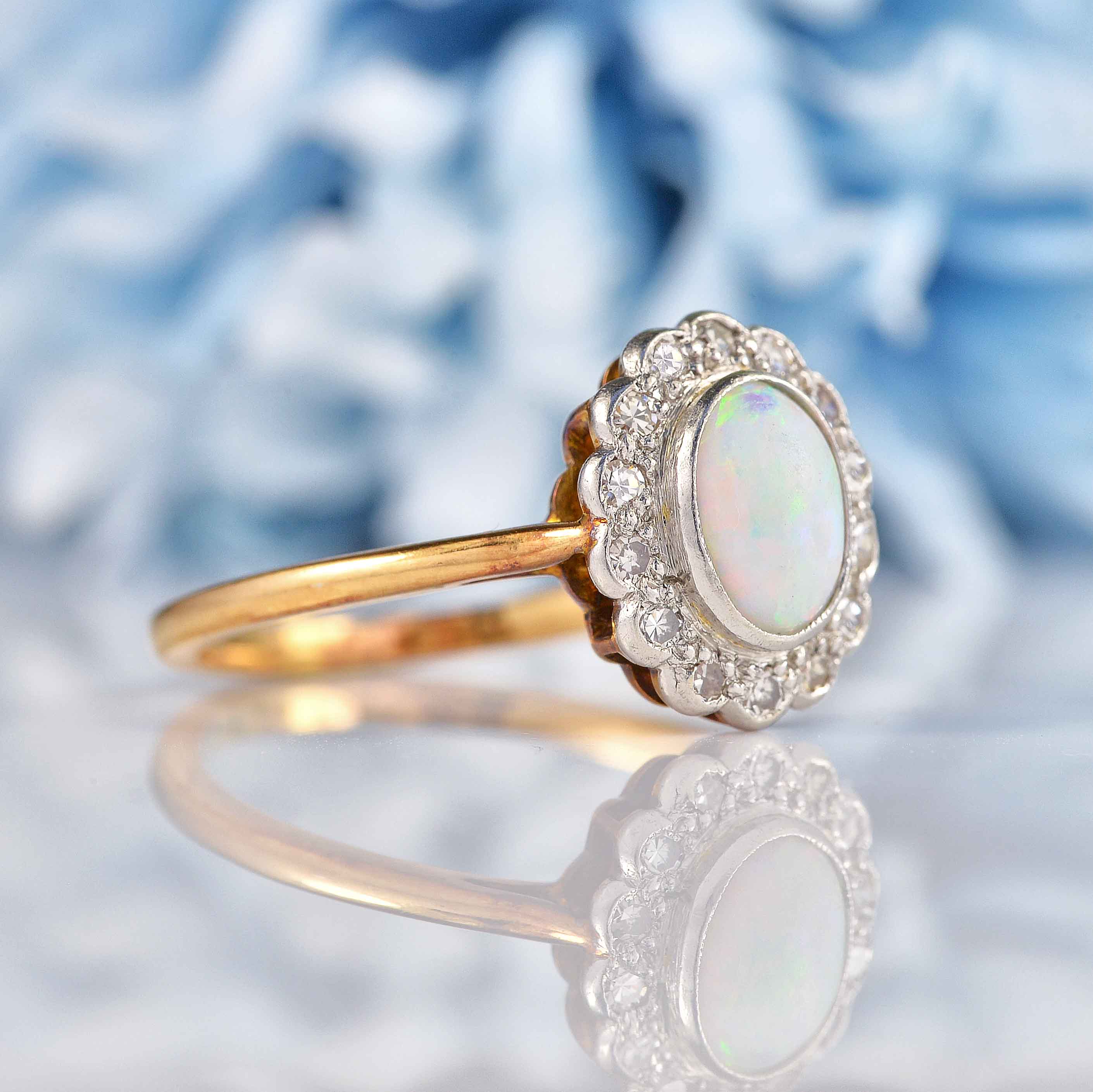 Antique Edwardian Opal Diamond 18ct Gold Platinum Ring