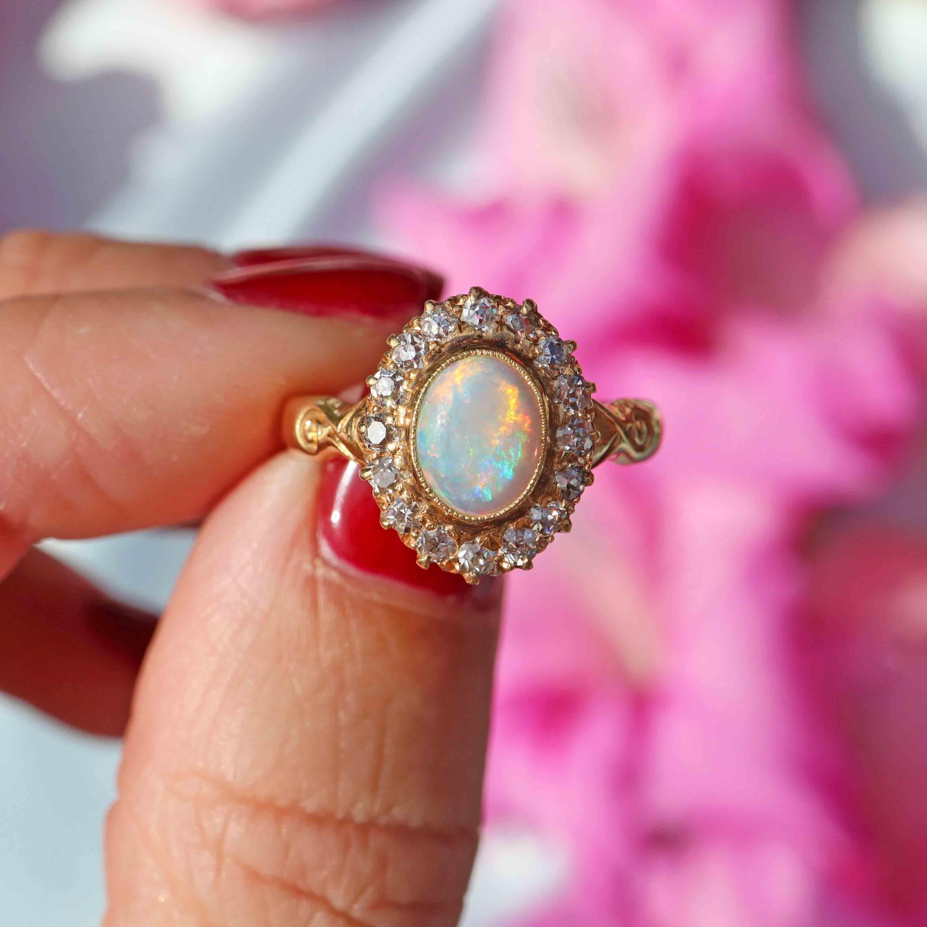 Ellibelle Jewellery Antique Edwardian Opal & Old-Cut Diamond 18ct Gold Cluster Ring