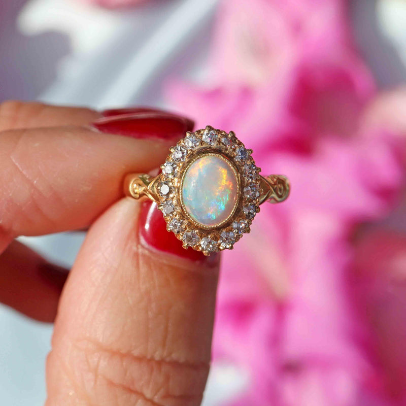 Ellibelle Jewellery Antique Edwardian Opal & Old-Cut Diamond 18ct Gold Cluster Ring
