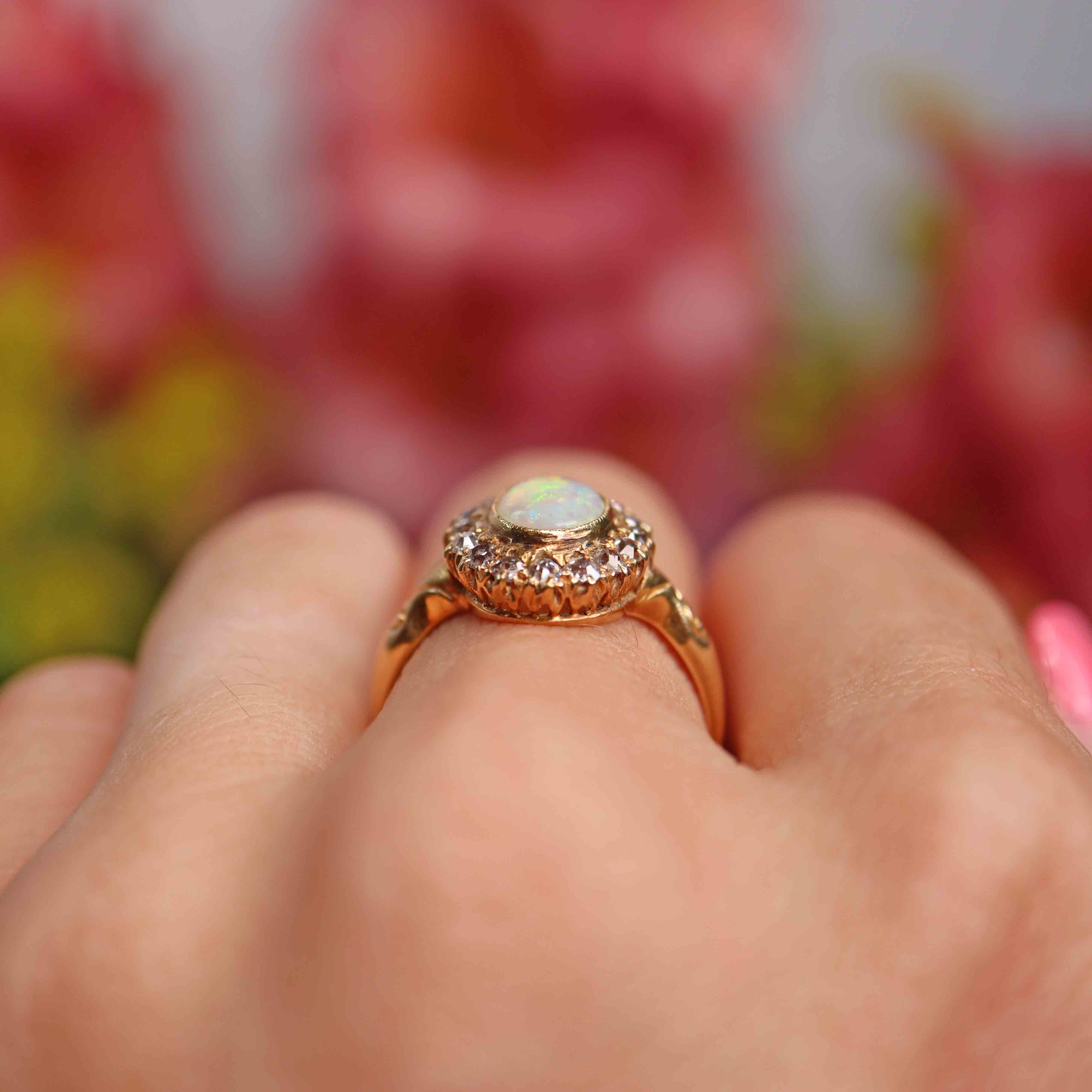 Ellibelle Jewellery Antique Edwardian Opal & Old-Cut Diamond 18ct Gold Cluster Ring