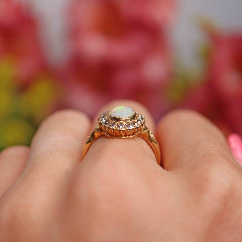 Ellibelle Jewellery Antique Edwardian Opal & Old-Cut Diamond 18ct Gold Cluster Ring