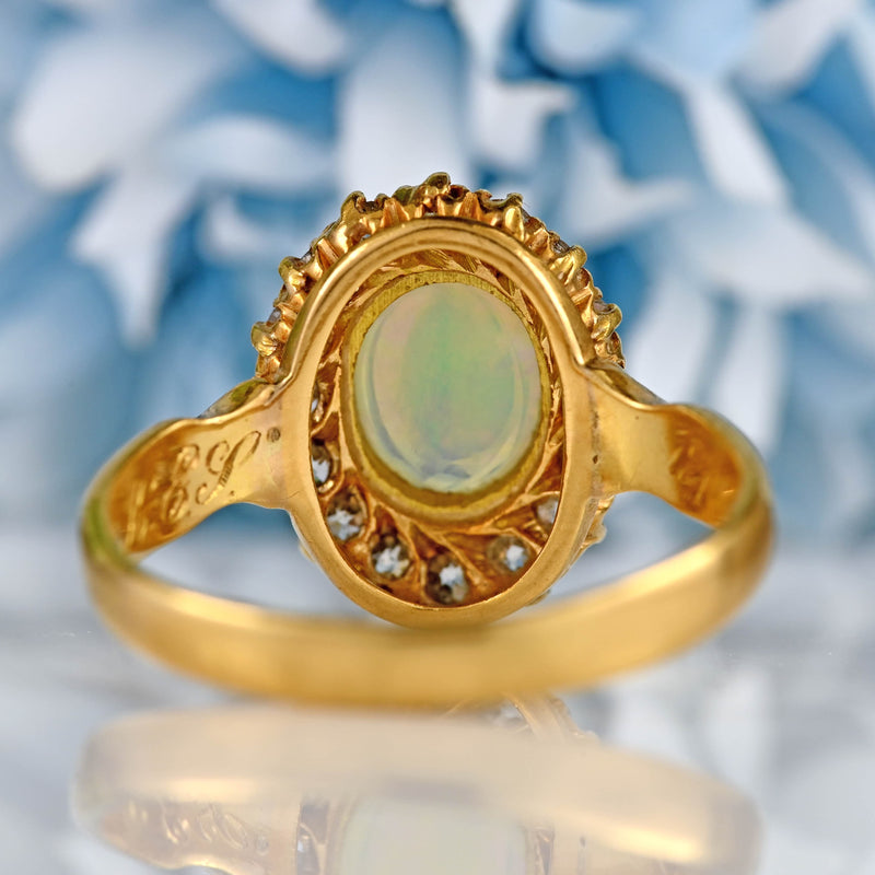 Ellibelle Jewellery Antique Edwardian Opal & Old-Cut Diamond 18ct Gold Cluster Ring