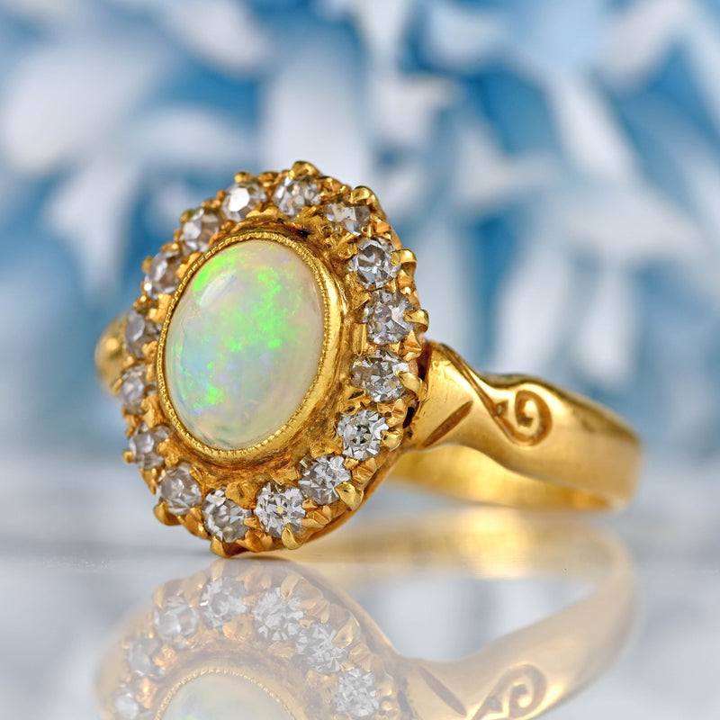 Ellibelle Jewellery Antique Edwardian Opal & Old-Cut Diamond 18ct Gold Cluster Ring